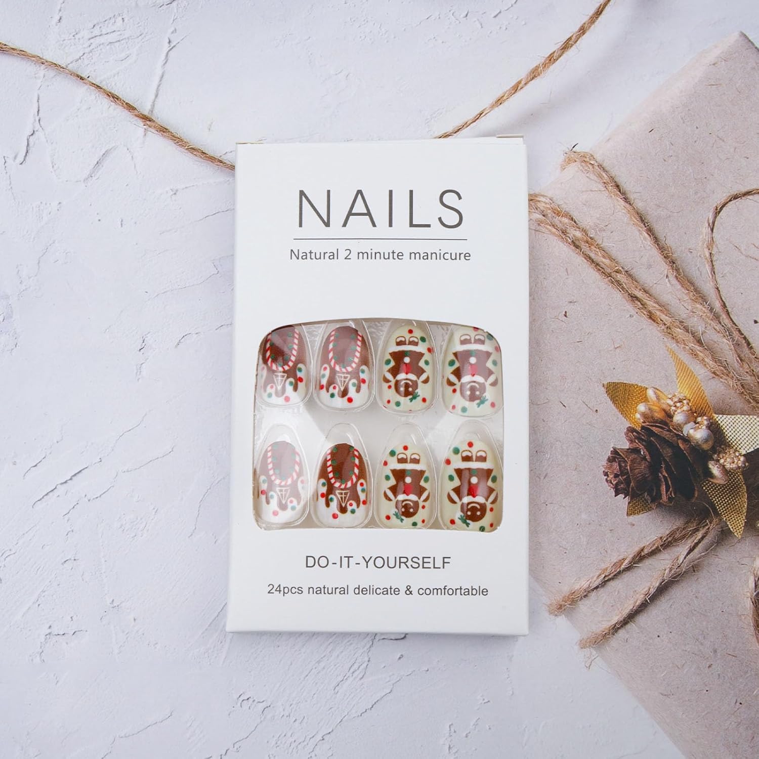 Gingerbread Man Christmas Press-On Nails – 24 Pcs Almond Fake Nails-Free Shipping