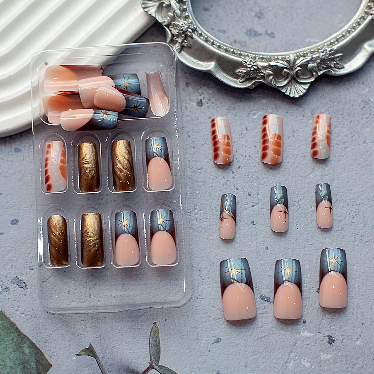 Golden Brown Abstract Starry Chrome Long Coffin Press-On Nails Acrylic Fake Nails-Free Shipping