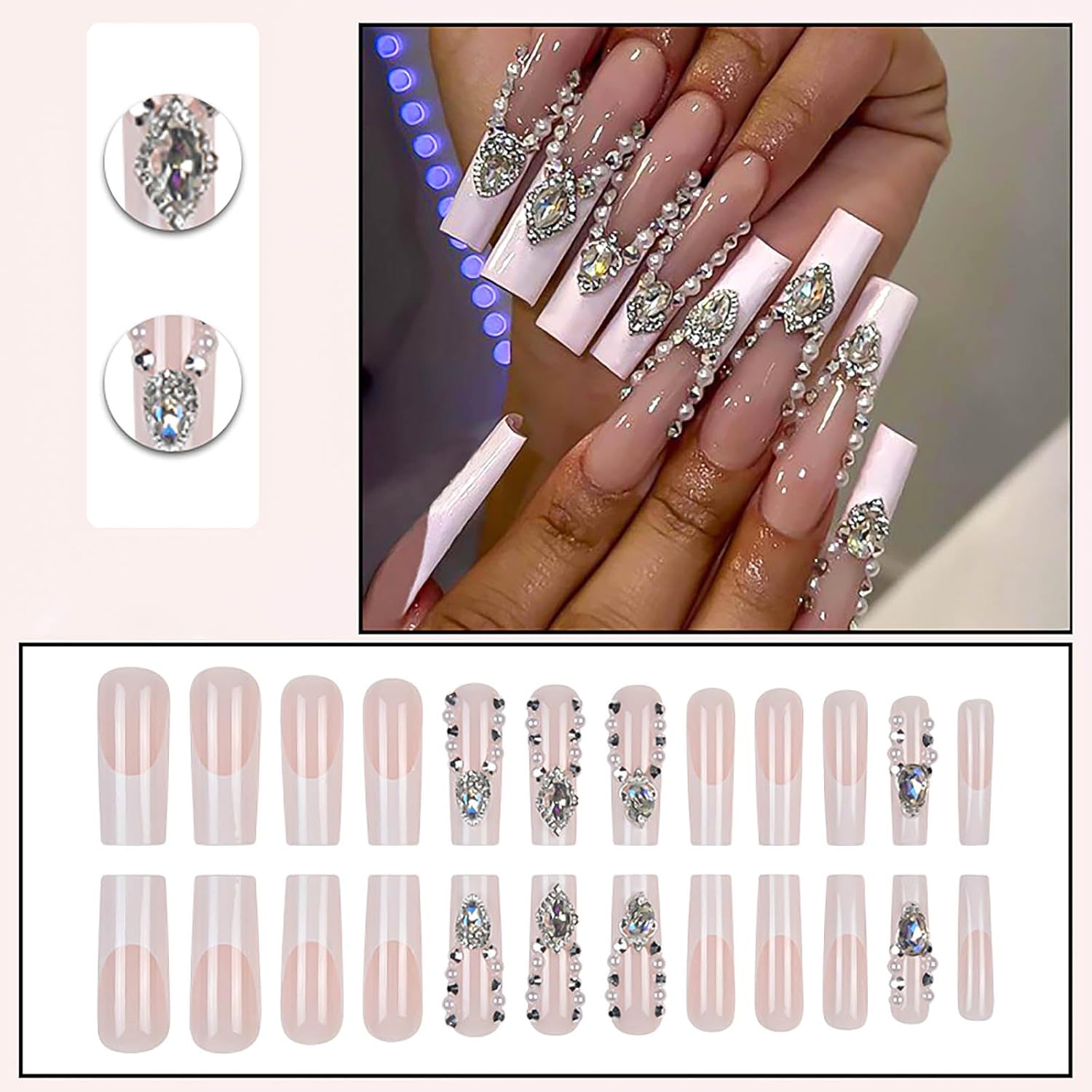Pink Rhinestone French Coffin Press On Nails Acrylic Fake Nails-Free Shipping