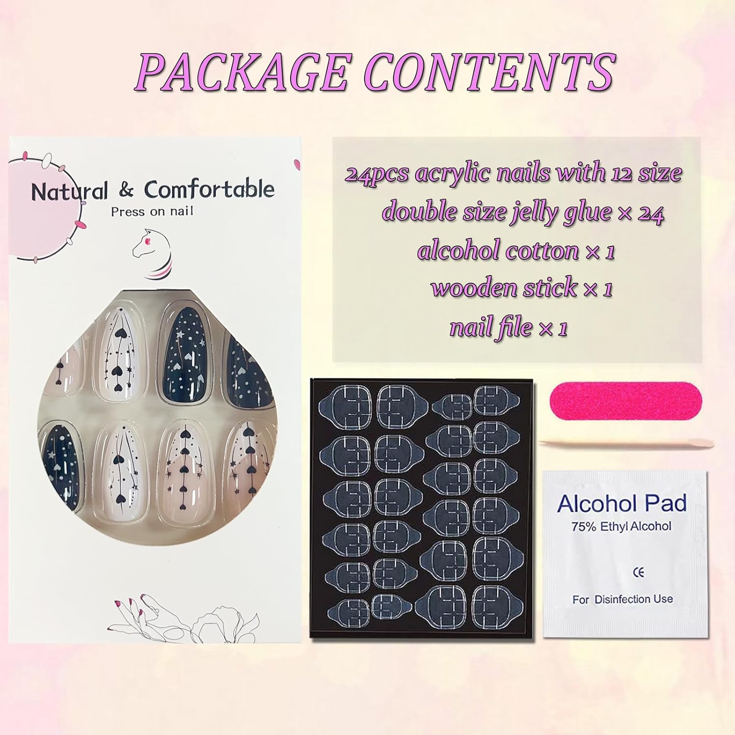 Heart Press on Nails Almond Medium Fake Nails Glossy Black White Valentine’s Day Glue on Nails with Small Hearts Stars Designs White French False Nail Tips Cute Stick on Nails for Women 24Pcs