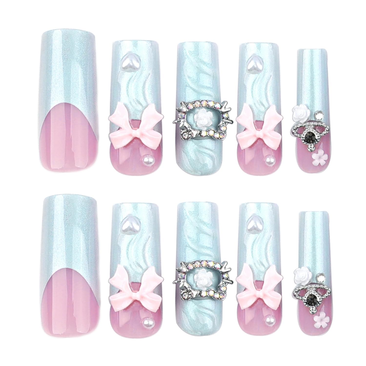 Heart Bow Pink French Tip Press-On Nails Long Coffin Fake Nails-Free Shipping