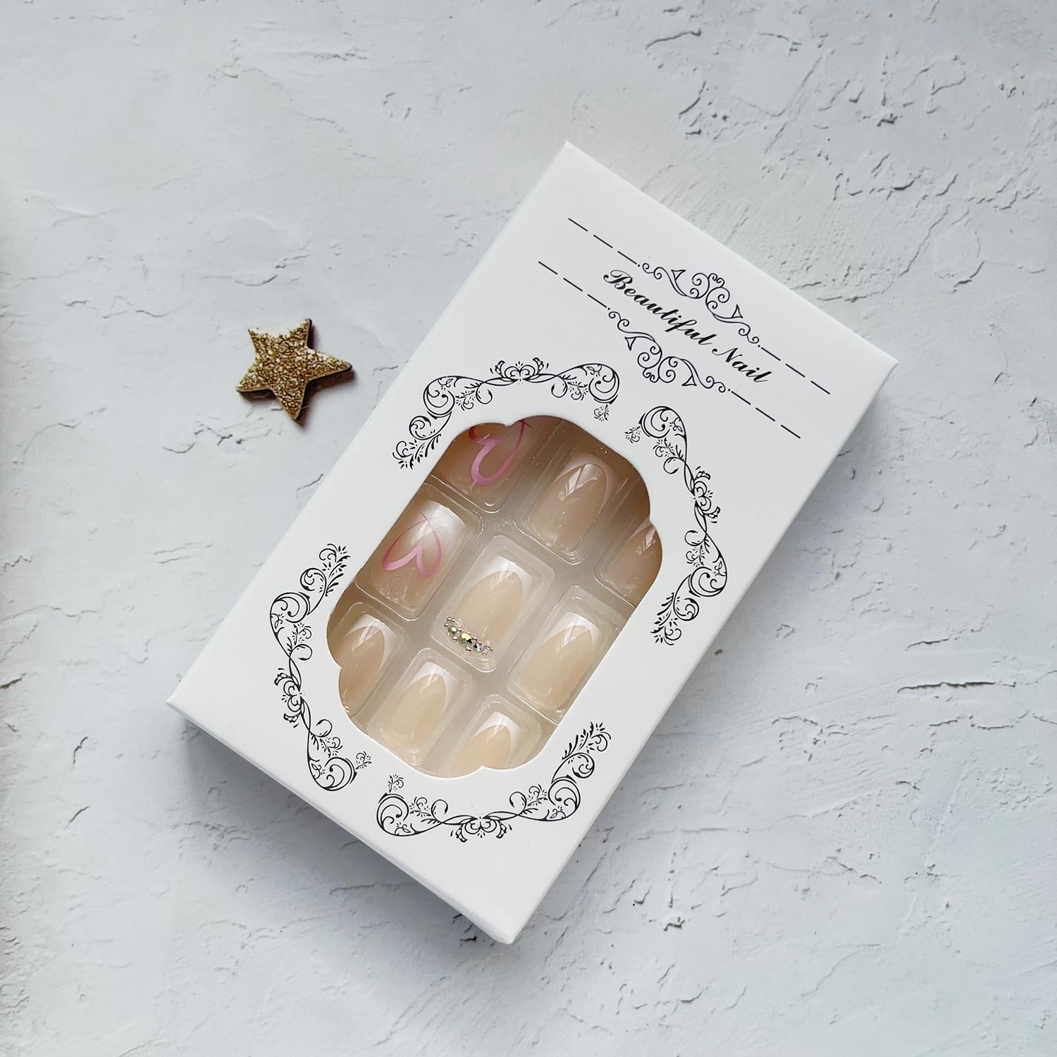 French Tip Press on Nails Heart Fake Nails Medium Square Acrylic Nails Nude False Nails with Heart Designs Glue on Nails Cute Valentine’s Day Stick on Nails Medium Length Artificial Nails, 24Pcs