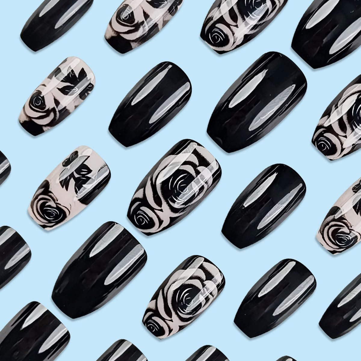 Black Rose Flower Press on Nails - 24 Pcs Medium Square Full Cover Fake Nails - Free Shipping