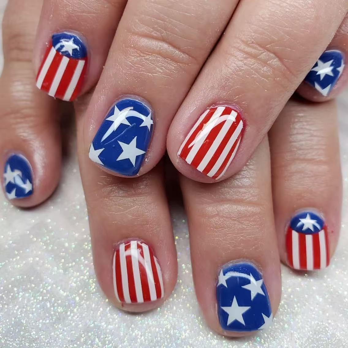 Independence Day Press on Nails Medium Square Fake Nails with Sliver Glitter Designs 3D Star Red Whiter Stripe False Nails Full Cover Glossy Stick on Nails Independence Glue on Nails 24Pcs