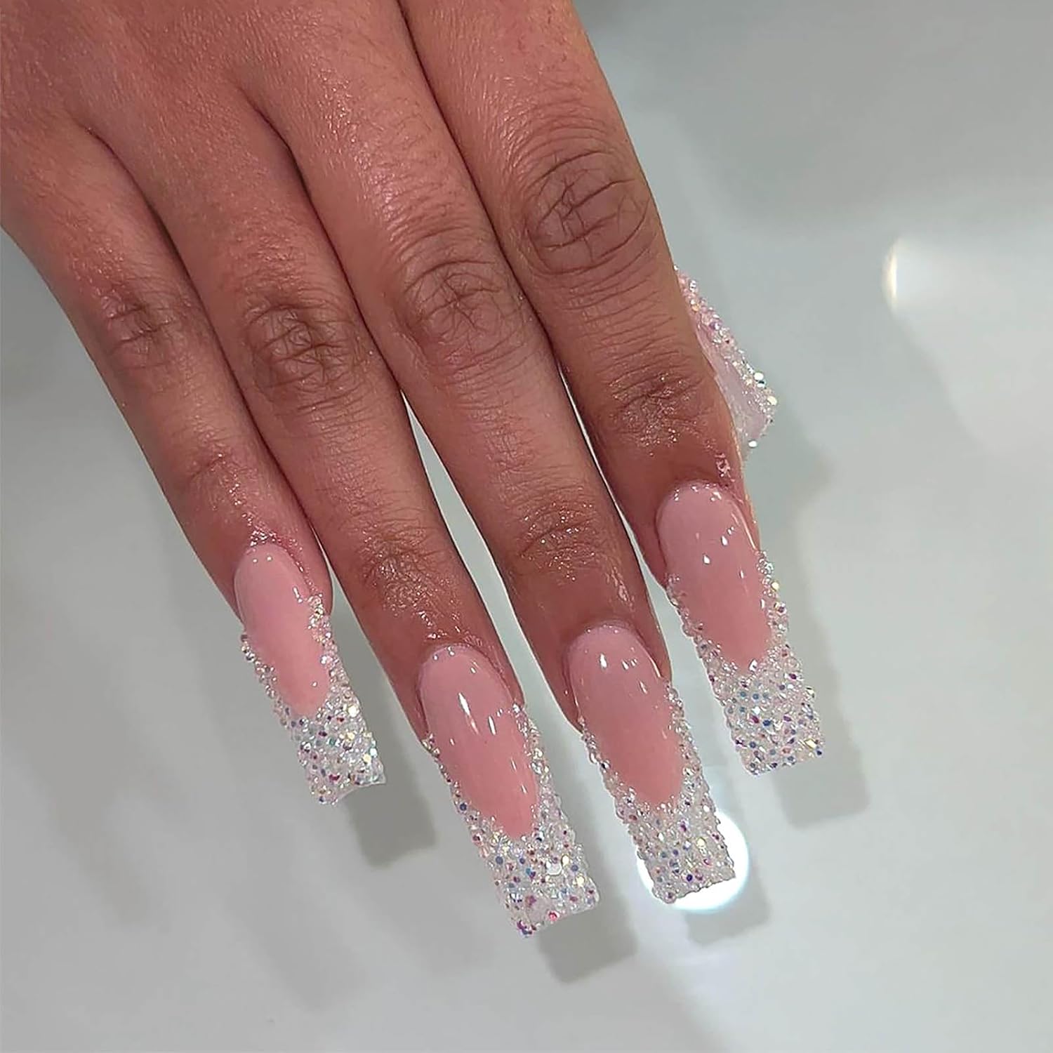 Sparkly French Rhinestone Long Coffin Press-On Nails Acrylic Fake Nails – Free Shipping