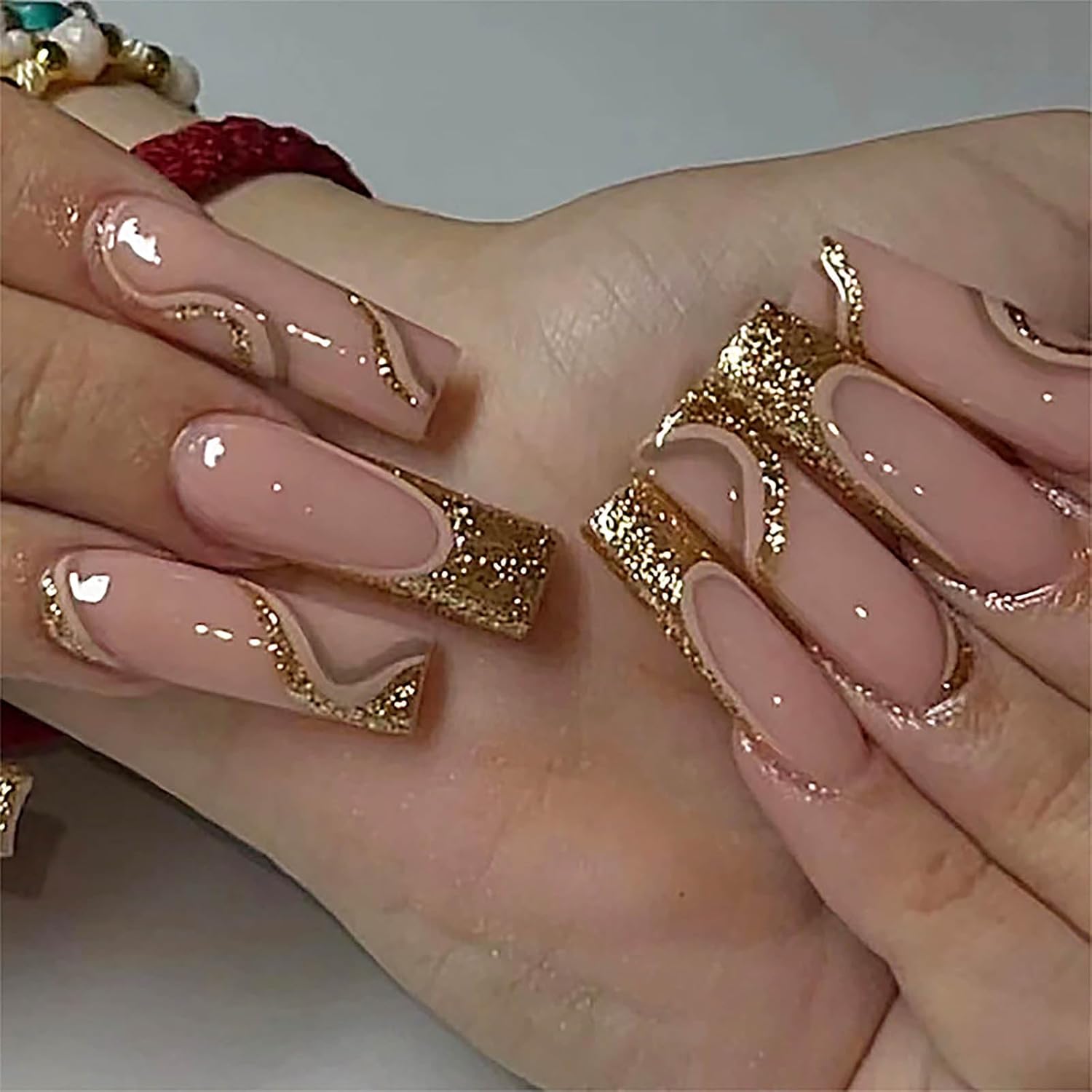 Abstract Glitter Gold Long Coffin Press-On Nails Acrylic False Nails-Free Shipping