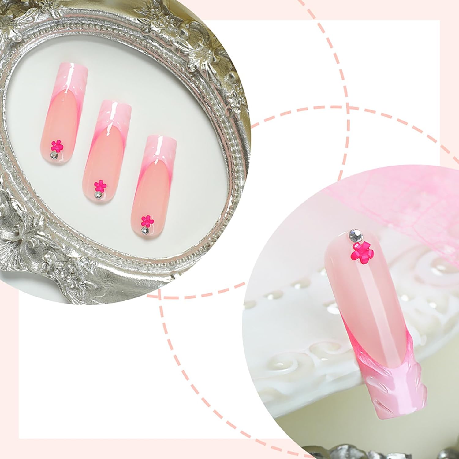 Chic Pink 3-D Wavy Edge Floral Accent Coffin Press-On Nails Fake Nails - Free Shipping