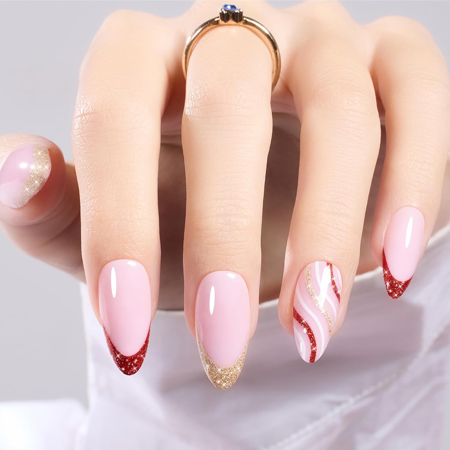 Red Gold Glitter Stripes Christmas Almond Press-On Acrylic Nails - Free Shipping