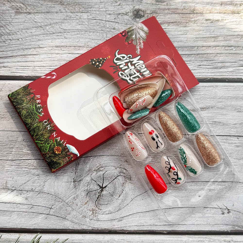 Red Nose Candy Cane Christmas Press-On Nails Medium Almond Acrylic Nails-Free Shipping