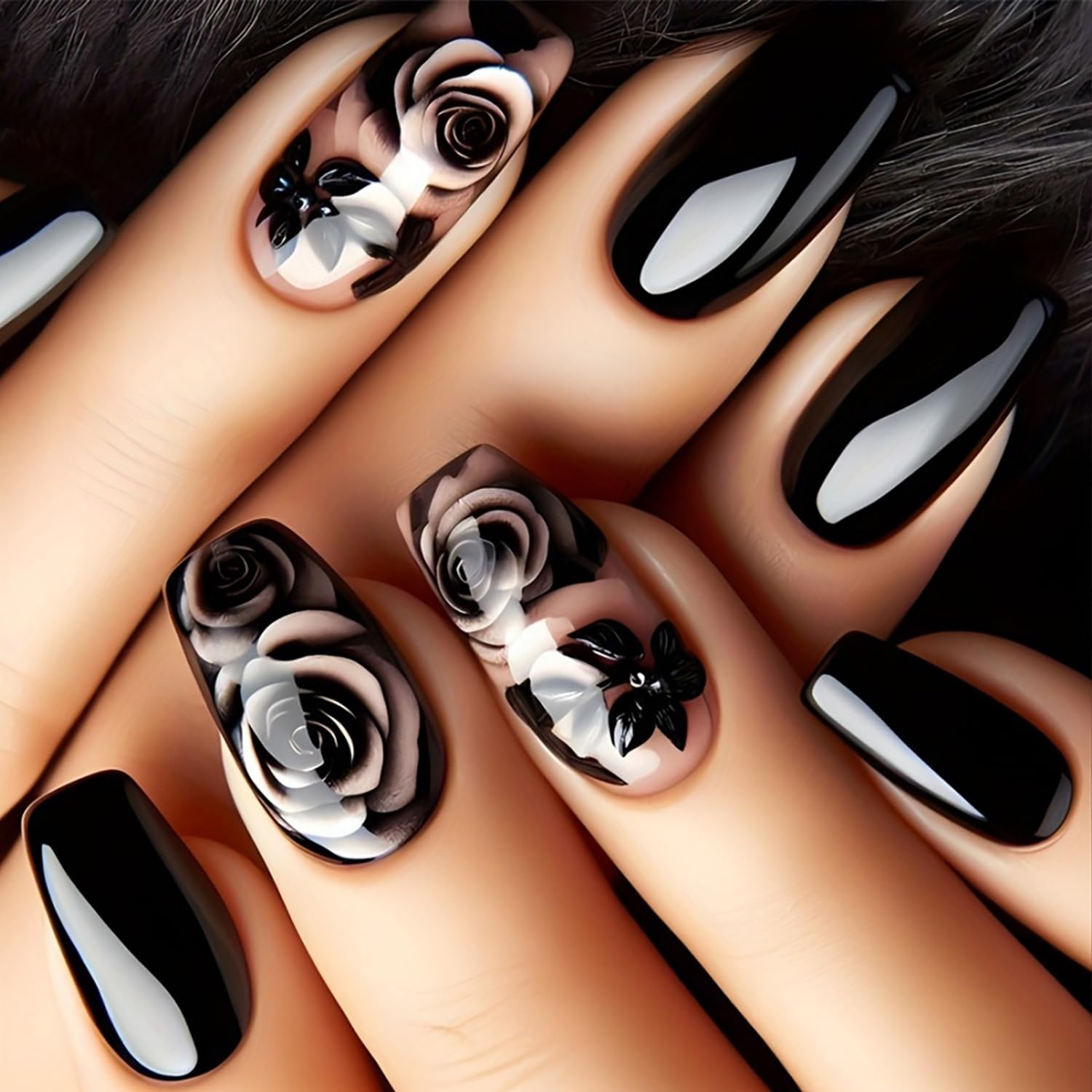 Black Rose Flower Press on Nails - 24 Pcs Medium Square Full Cover Fake Nails - Free Shipping