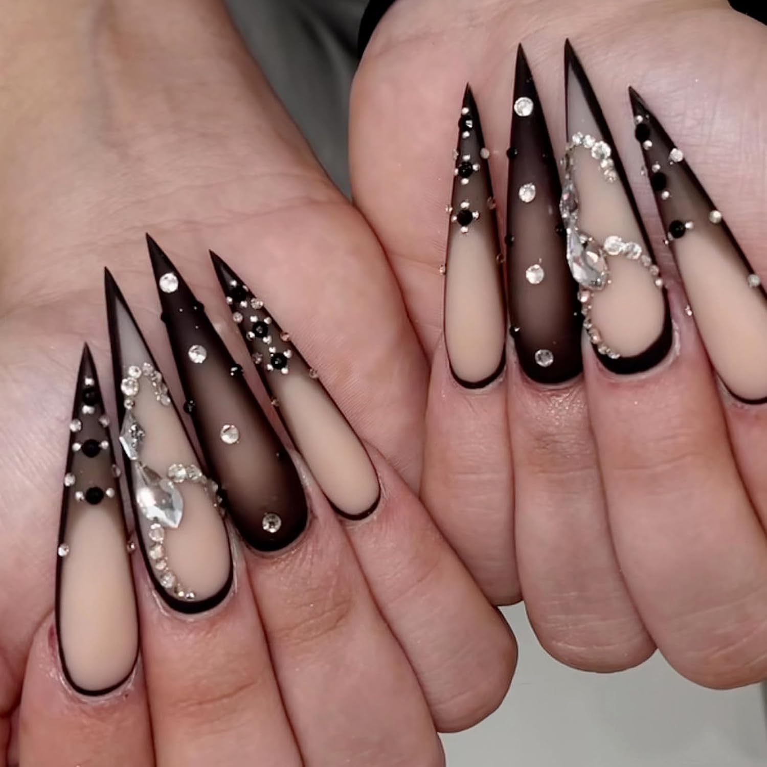 Black Matte Stiletto Rhinestone Press-On Nails Acrylic Fake Nails-Free Shipping