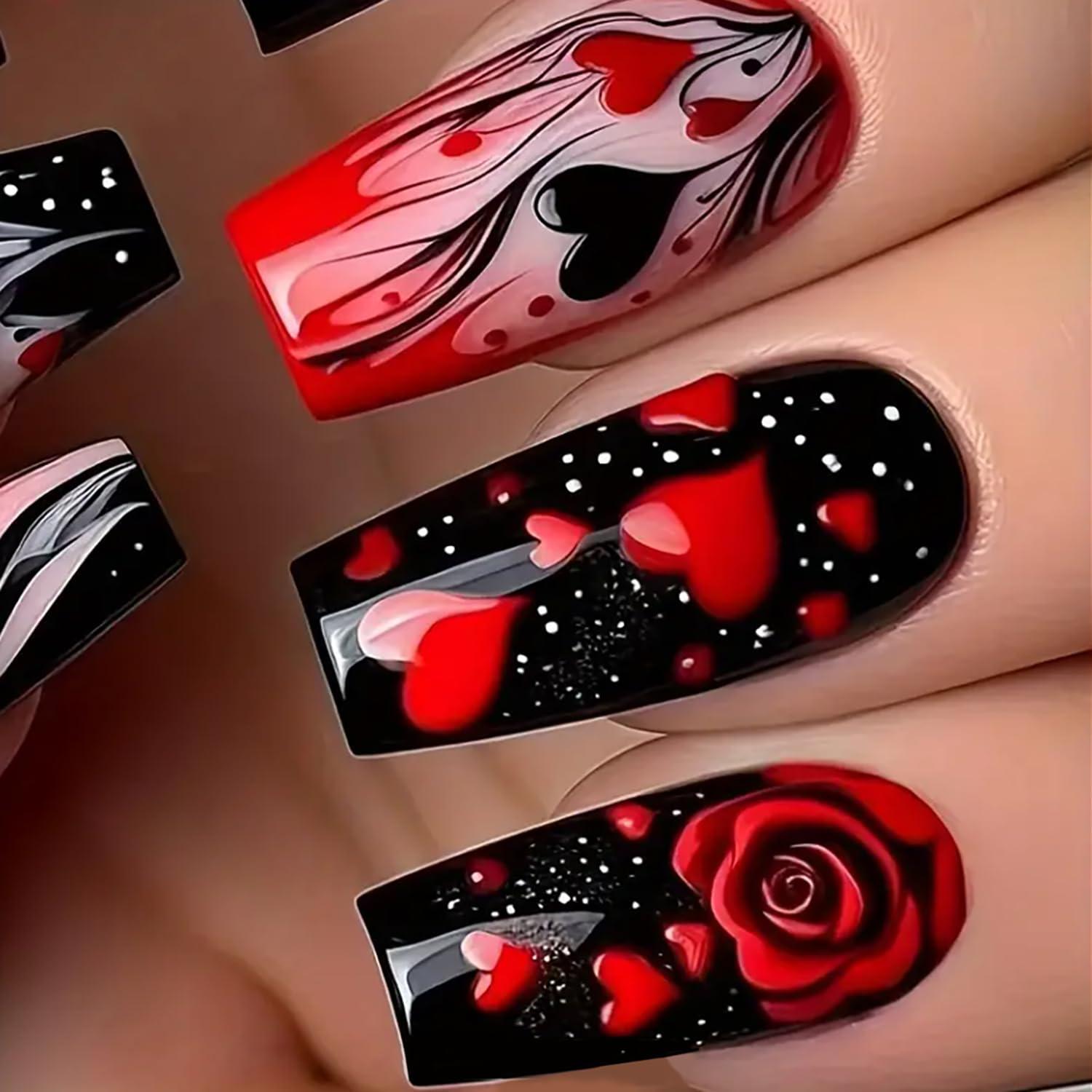 Valentines Press on Nails Medium Coffin Fake Nails Black False Nails with Red Heart Rose Designs Glossy Acrylic Nails Cute Valentines Day Glue on Nails Medium Length Artificial Nails for Women