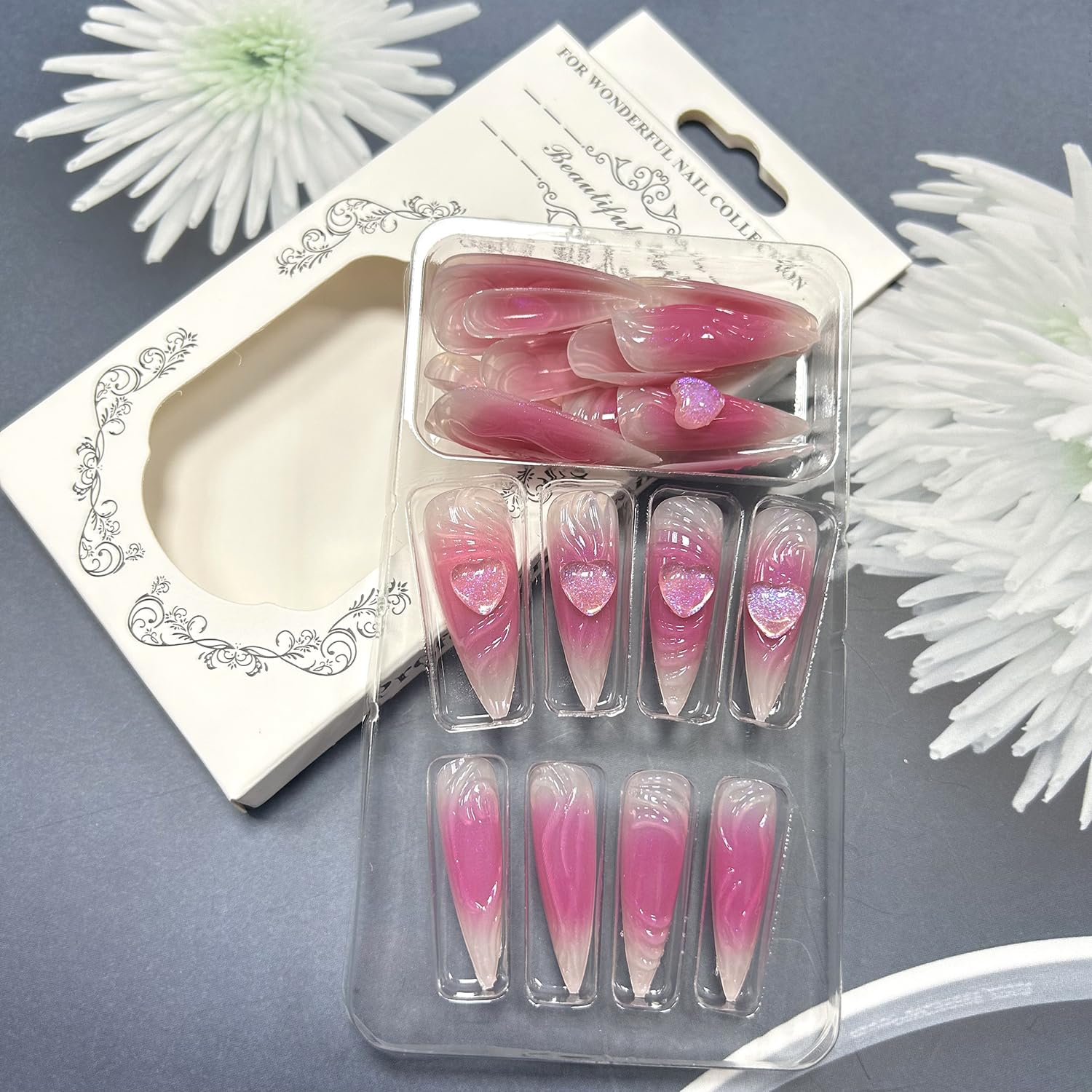 Press on Nails Extra Long Almond Tip Pink 3D Love Heart Design False Nails Artificial Acrylic Nails Pink Smudge Fake Nails 24Pcs Full Cover Reusable Coffin Nails Glue on Nails for Women Kit