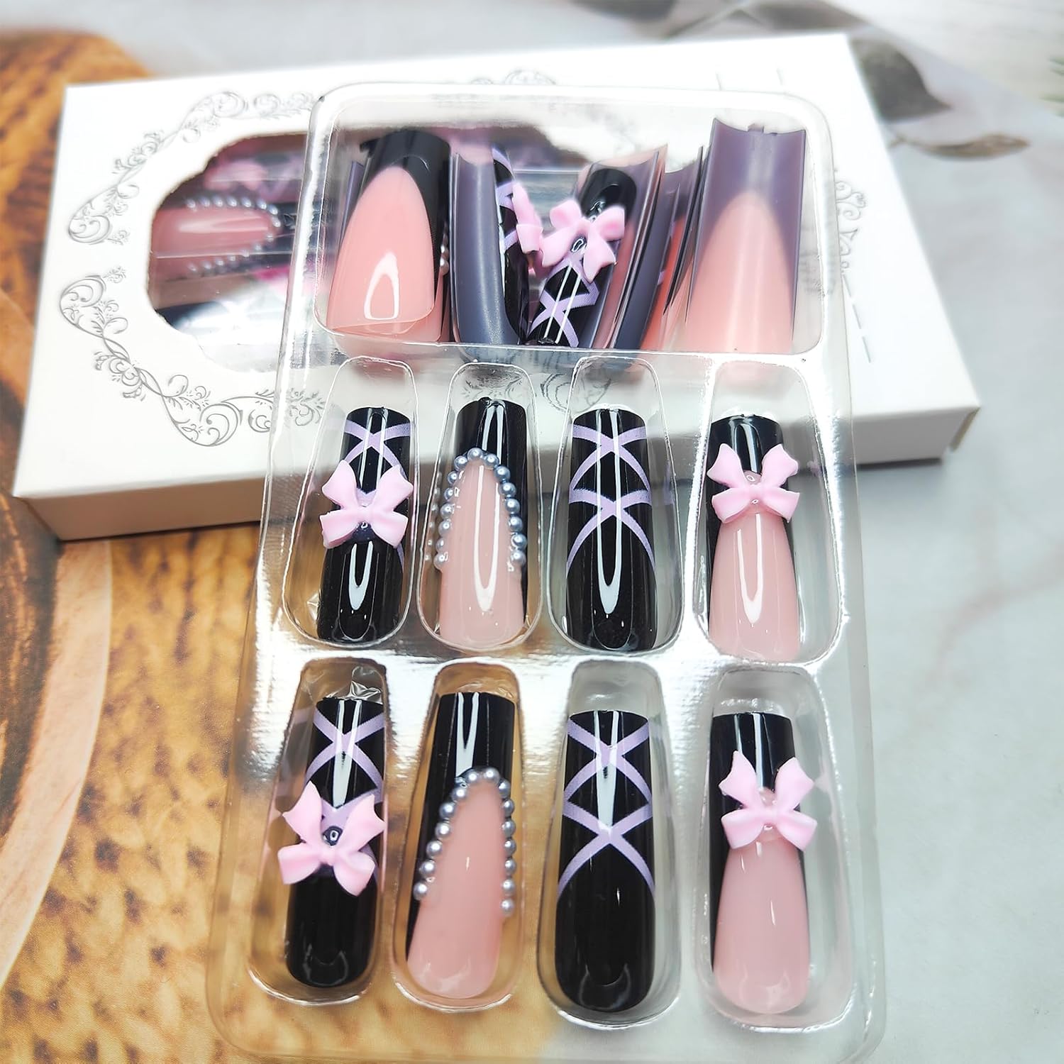 Black Pink Bow Pearl Long Coffin Press-On Nails False Nails - Free Shipping
