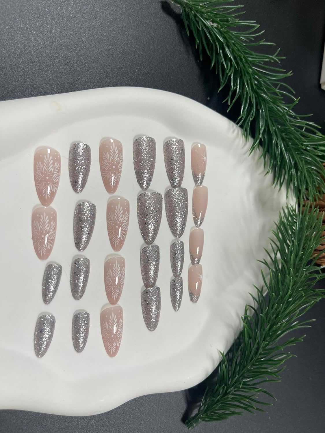 Winter Silver Glitter Snowflake French Christmas Press-On Nails Acrylic False Nails - Free Shipping