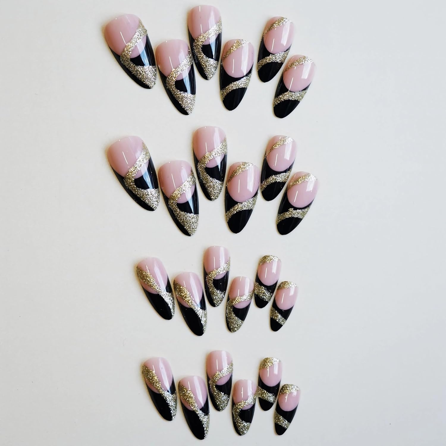 Elegant Black Gold Glitter Abstract French Tip Press-On Nails Acrylic False Nails - Free Shipping