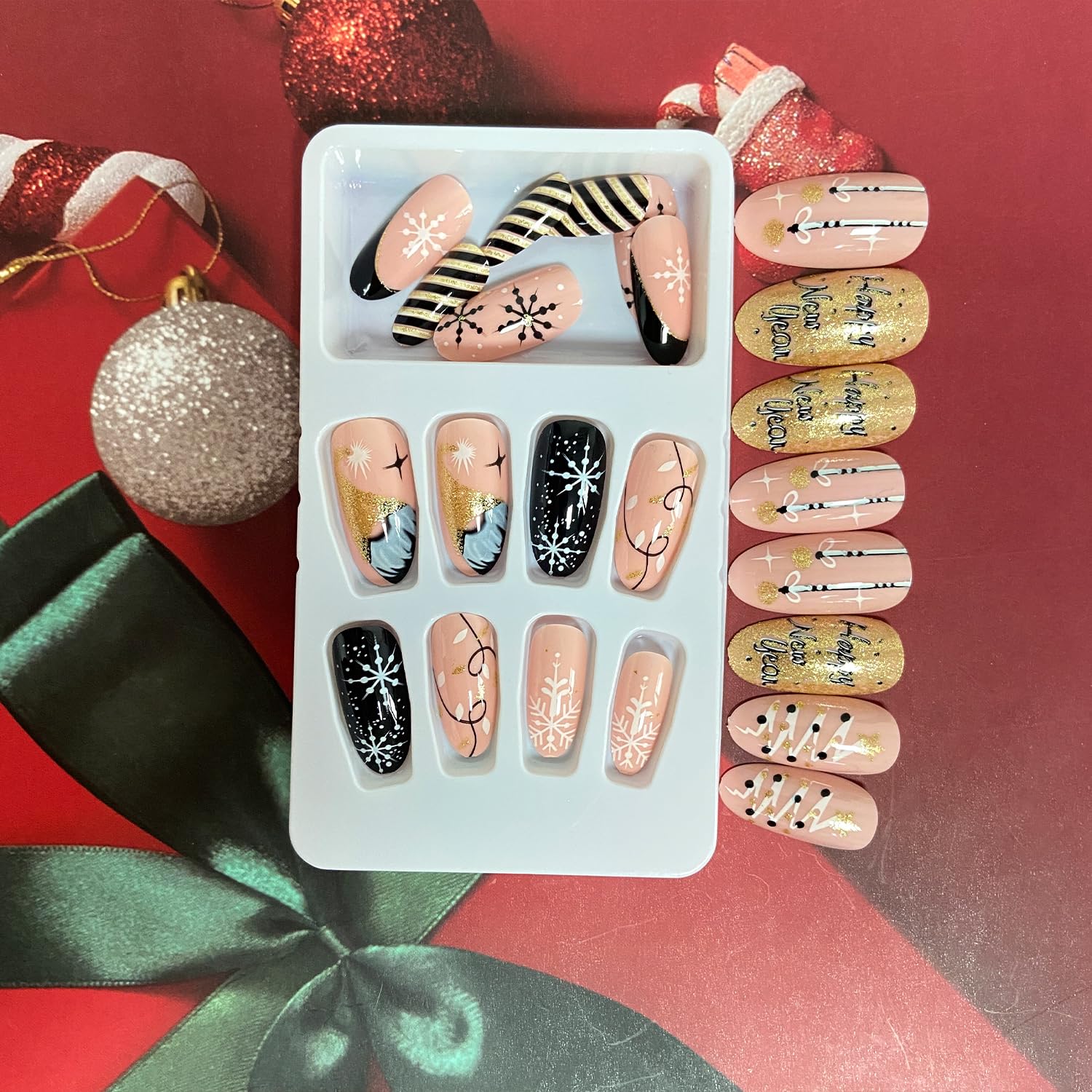 Black White Snowflake Christmas Press-On Nails Medium Almond Fake Nails - Free Shipping