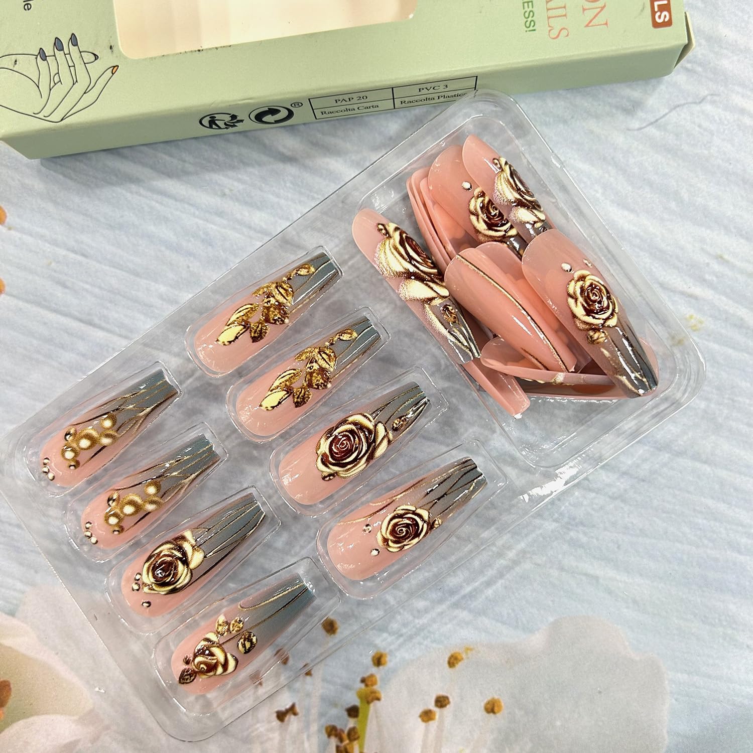 Gold Rose Flower Press on Nails Long Ballet Shaped Full Cover Glossy Acrylic Fake Nail Golden Flower Lines Design Blue Gold Gradient Artificial Fingernails DIY Glue on Nails for Women 24Pcs