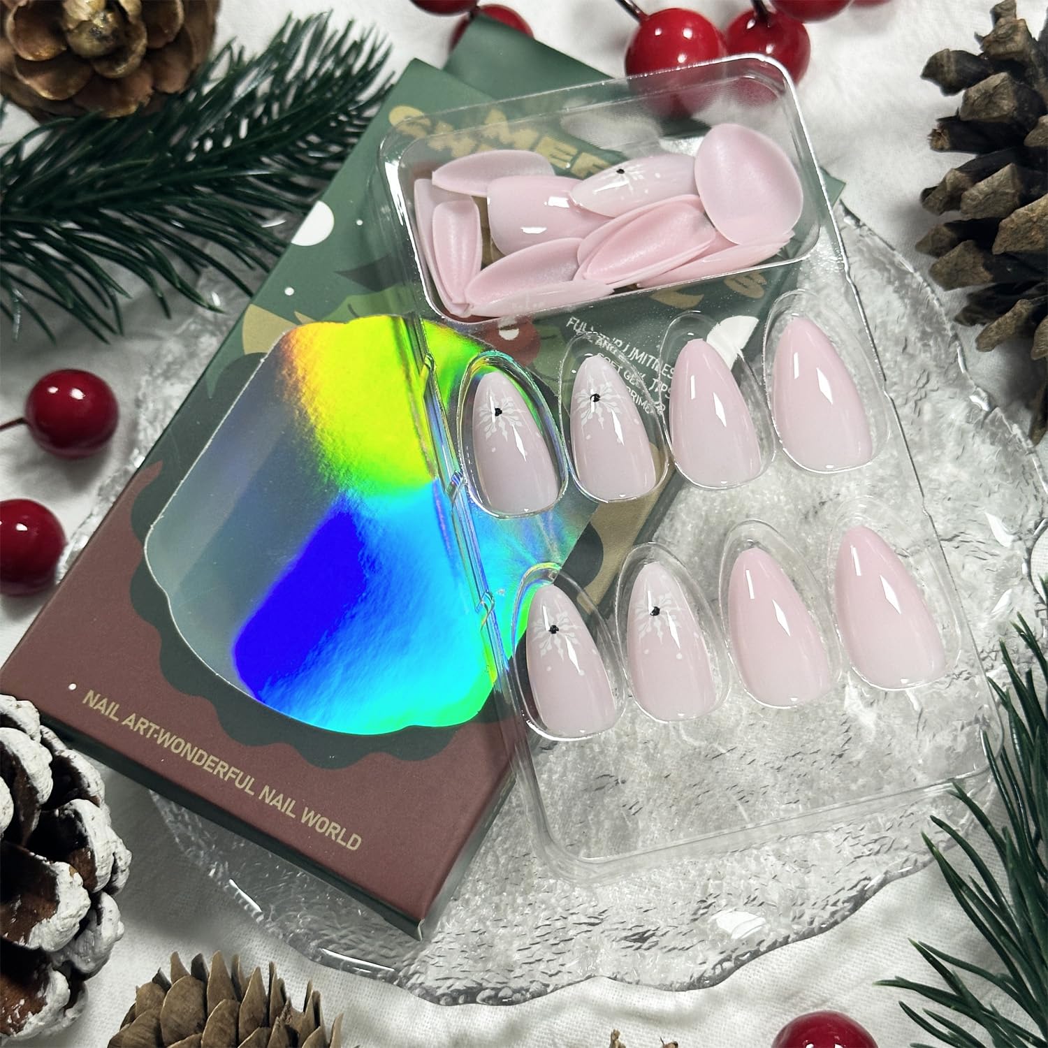 Pink Rhinestone Snowflake Christmas Almond Press-On Acrylic Nails - Free Shipping