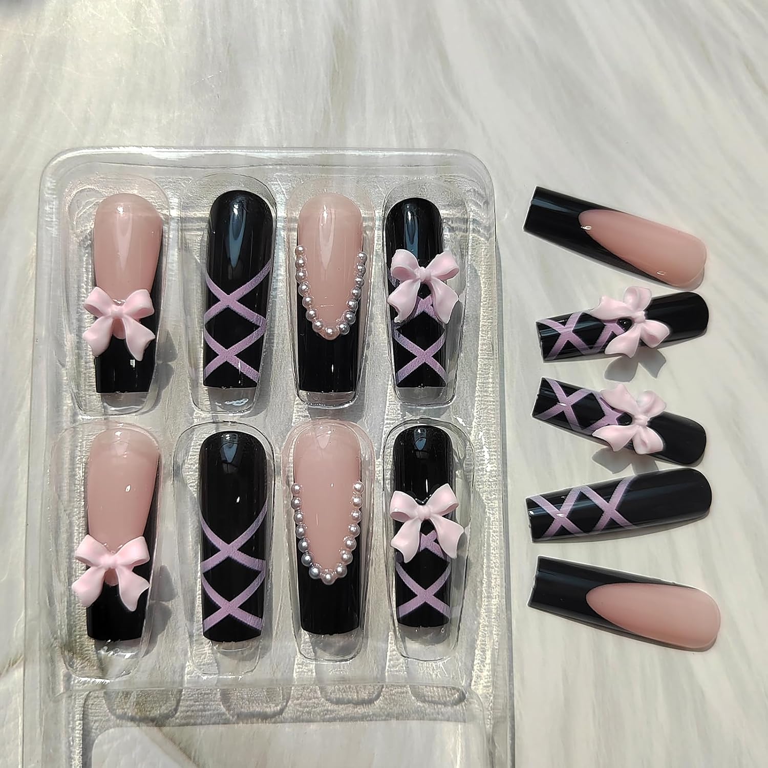 Black Pink Bow Pearl Long Coffin Press-On Nails False Nails - Free Shipping