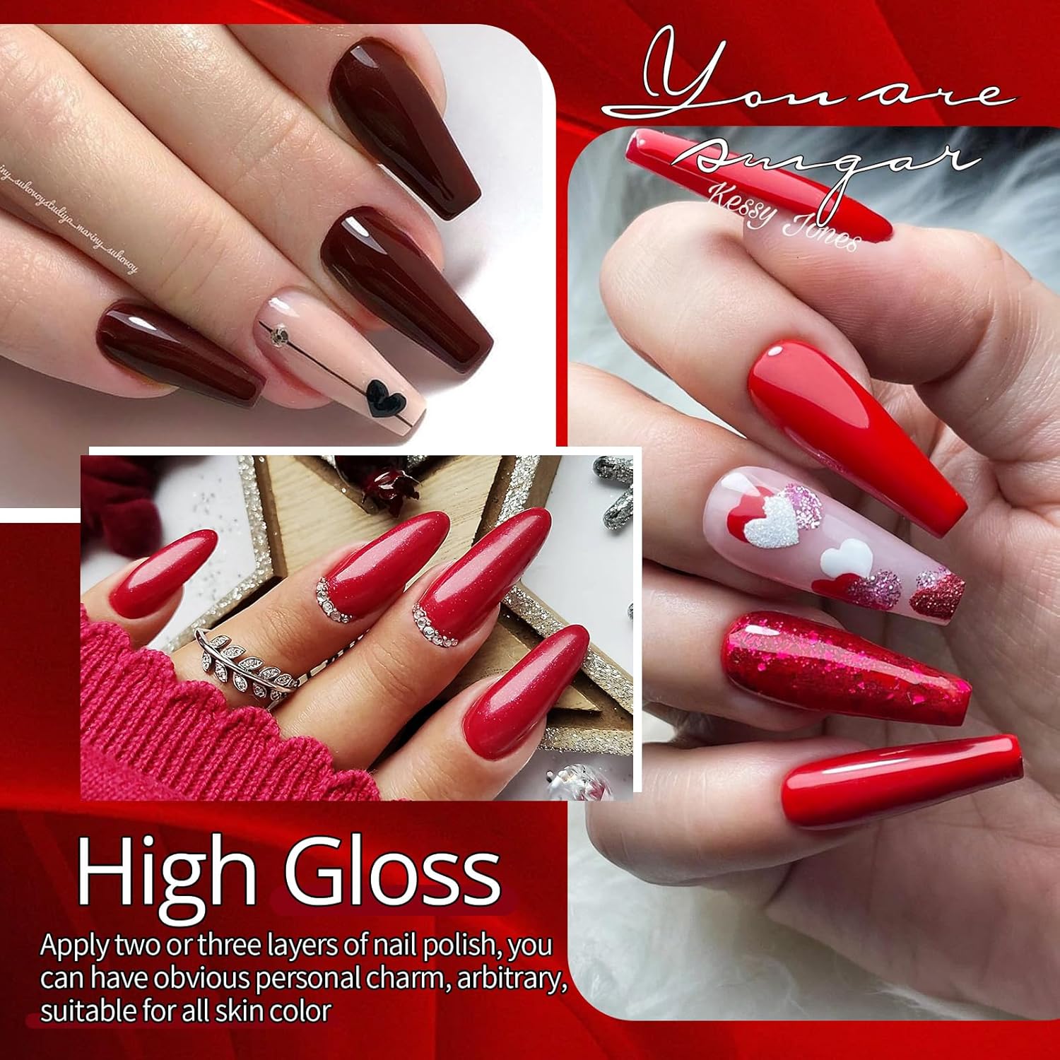 Red Glitter & Gloss Gel Nail Polish Long -Lasting Manicure Essentials-Free Shipping - Lady Luana Luxe Nails