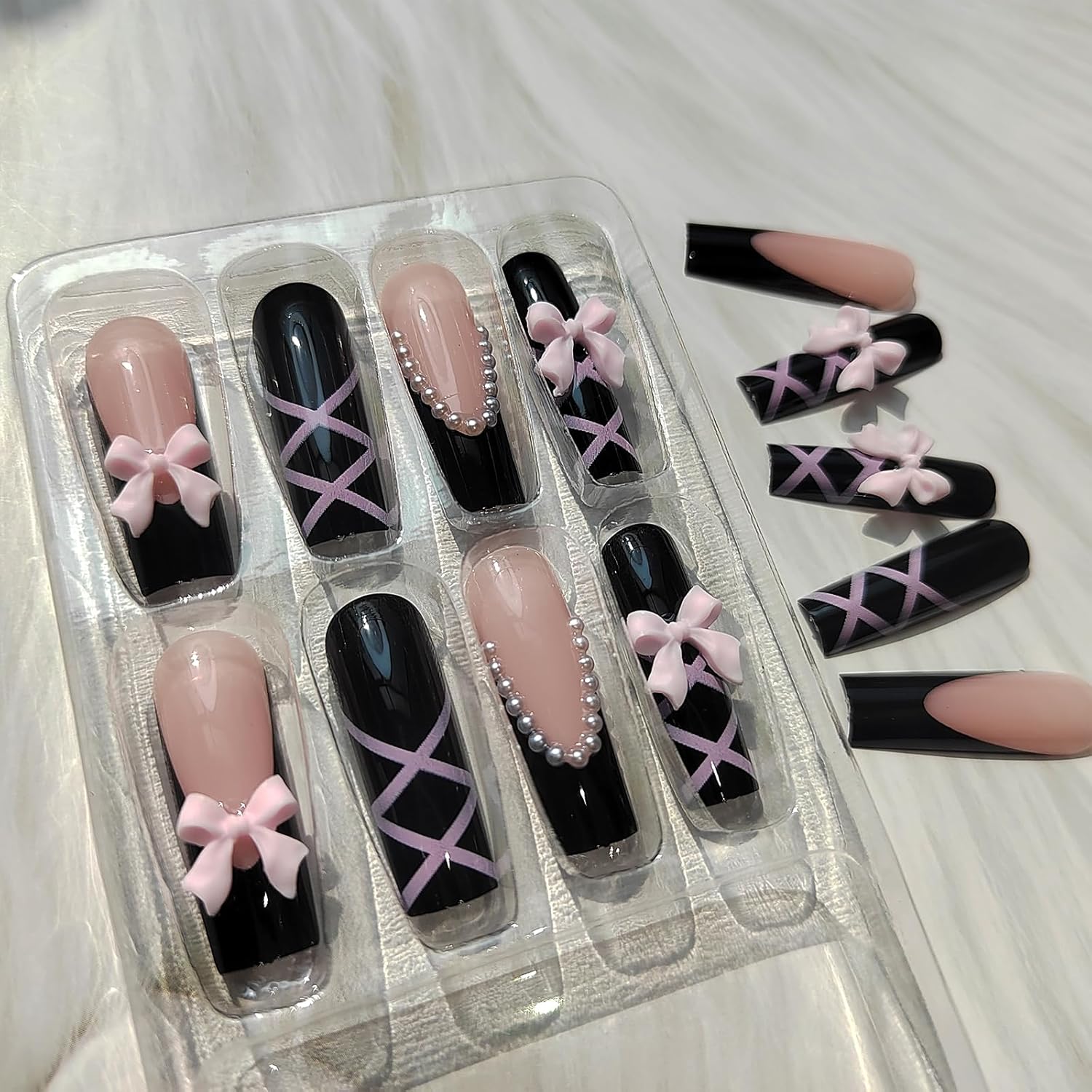Black Pink Bow Pearl Long Coffin Press-On Nails False Nails - Free Shipping