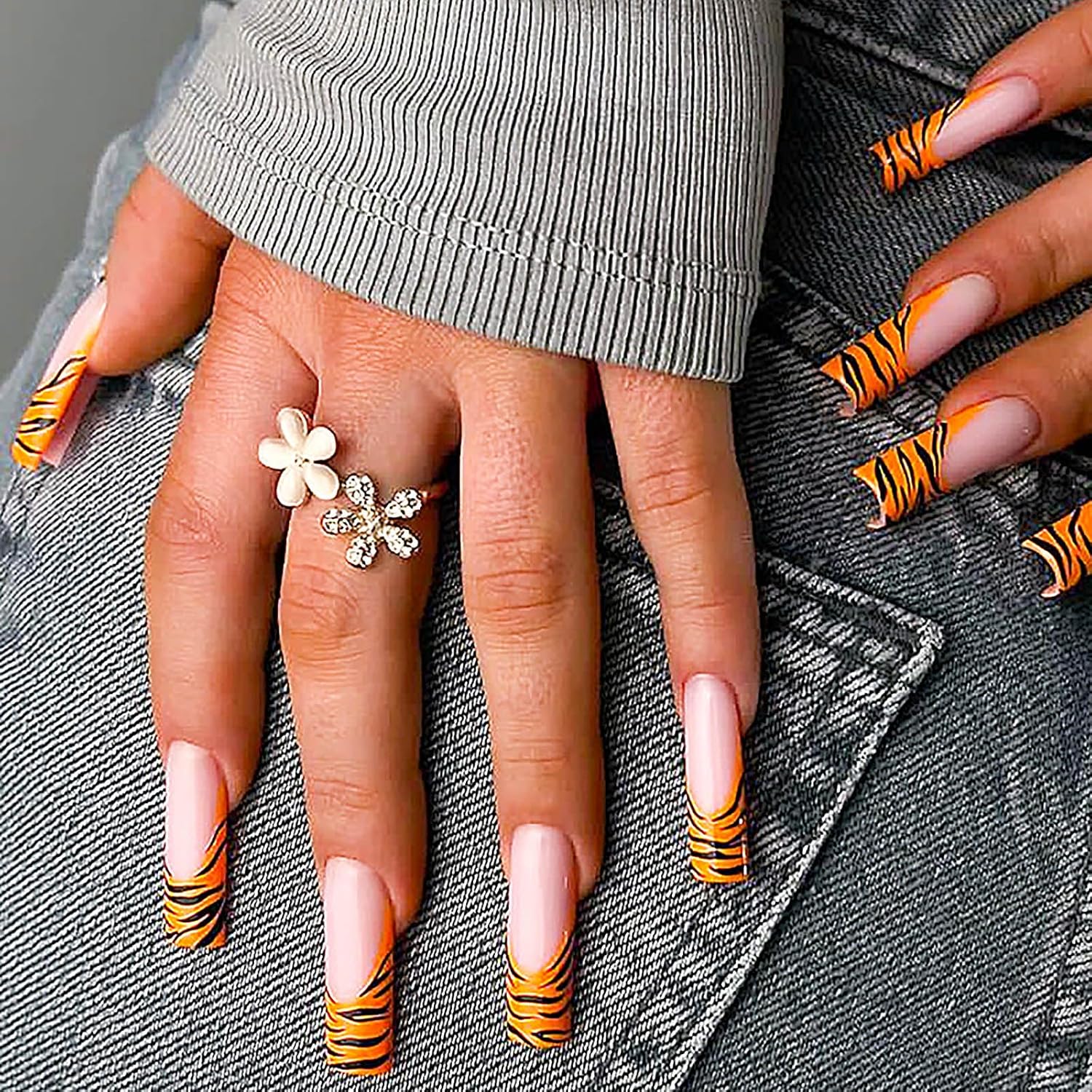 Tiger Print French Long Coffin Press-On Nails Acrylic False Nails - Free Shipping