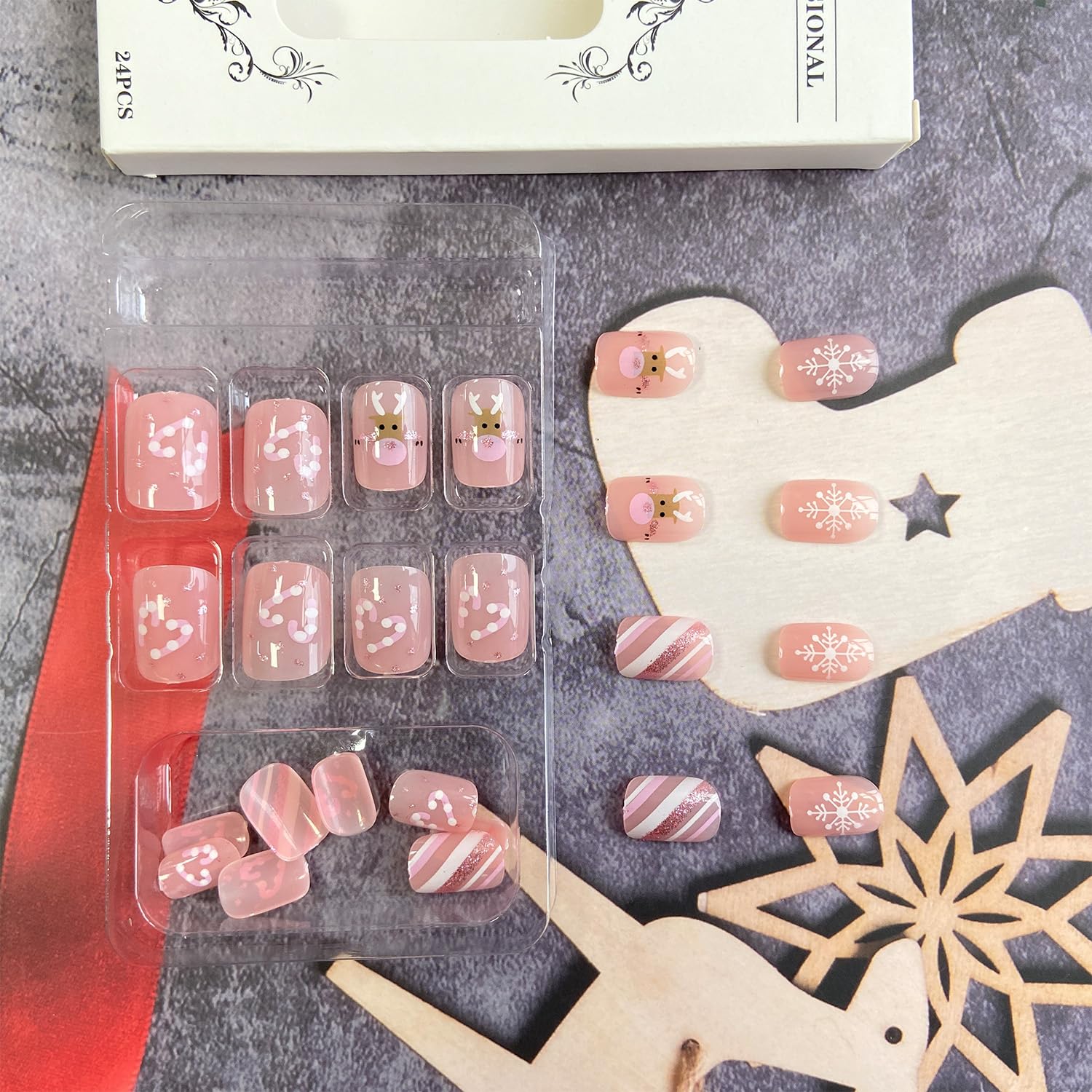 Pink Reindeer Snowflake Candy Cane Christmas Press-On Nails Acrylic Fake Nails - Free Shipping