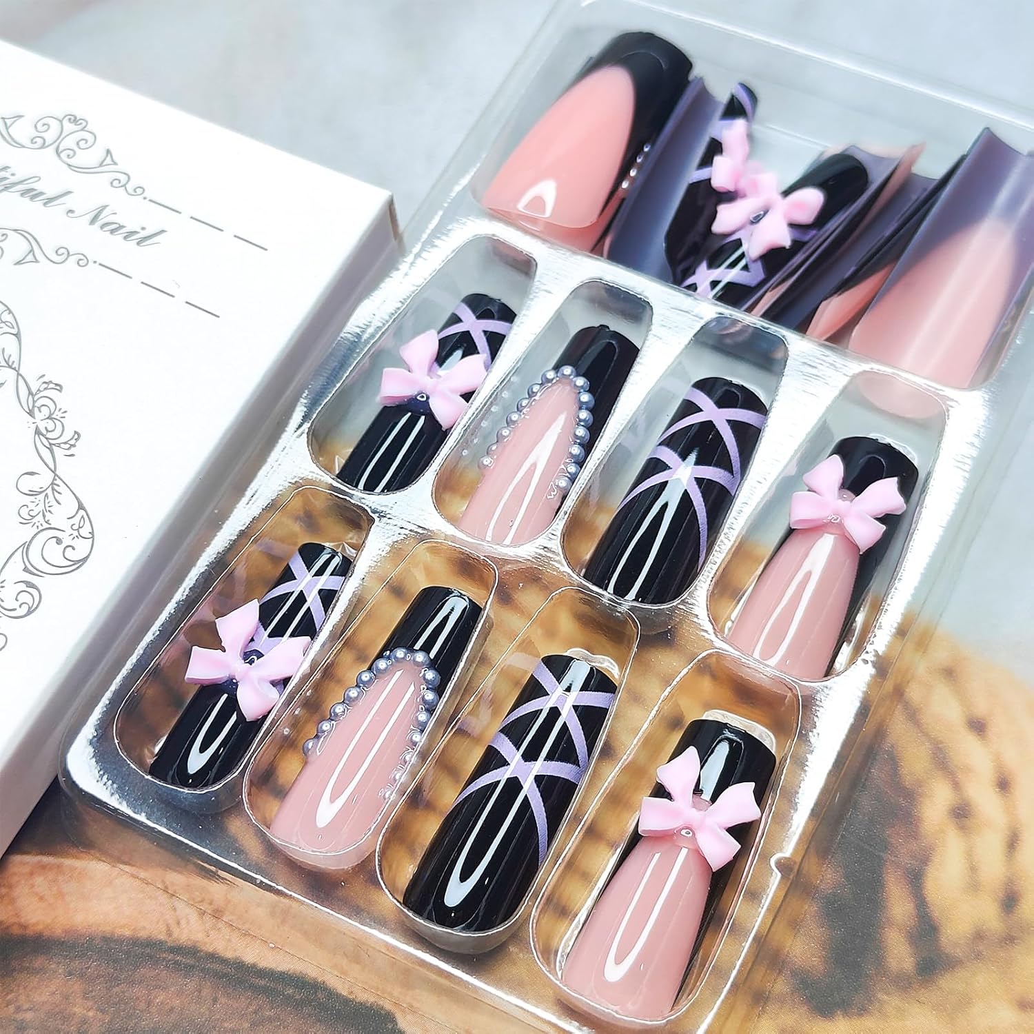 Black Pink Bow Pearl Long Coffin Press-On Nails False Nails - Free Shipping