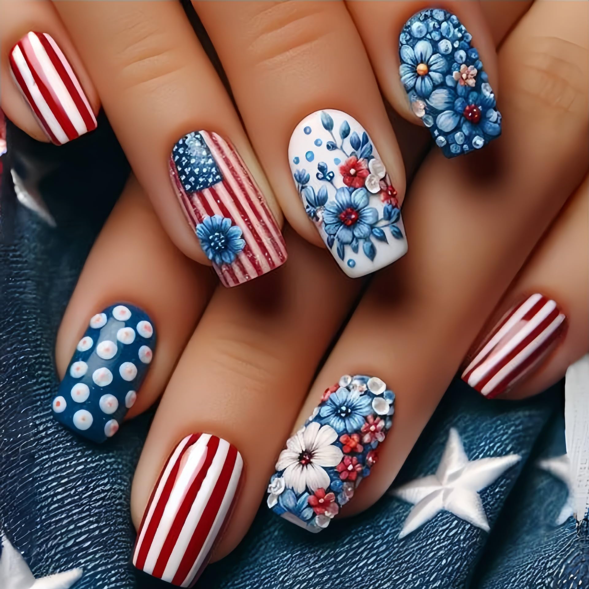 Medium Press on Nails Independence Day Fake Nails with Fireworks and Stripe Designs Bald Eagle Glue on Nails 4th of July Flag Stick on Nails Blue Red Glue on Nails for Women Girls 24Pcs