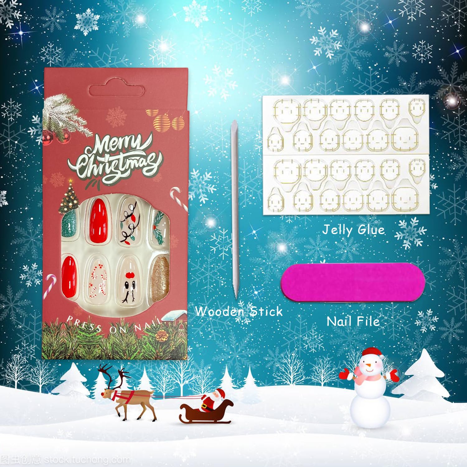 Red Nose Candy Cane Christmas Press-On Nails Medium Almond Acrylic Nails-Free Shipping