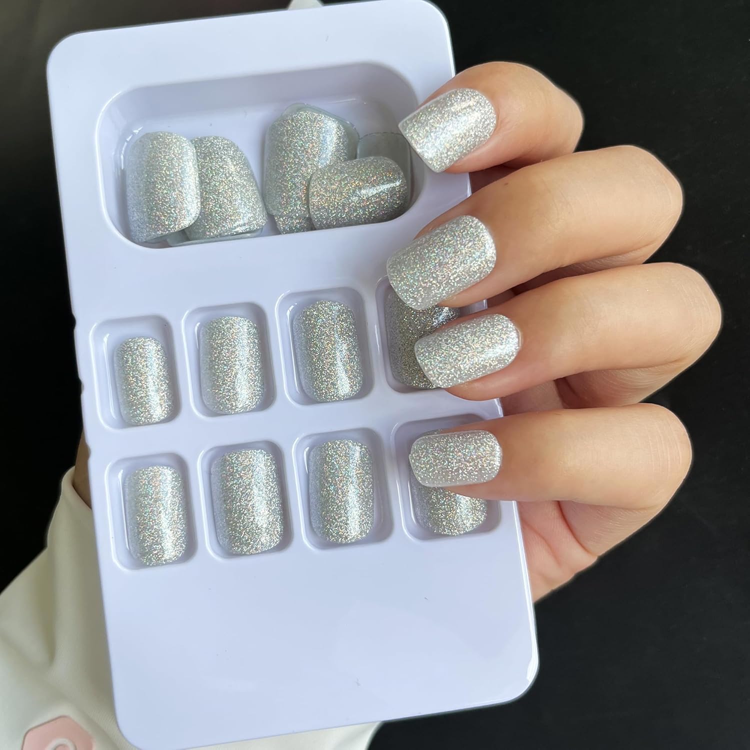 Dazzling Silver Glitter Square Press-On Nails Acrylic Fake Nails - Free Shipping