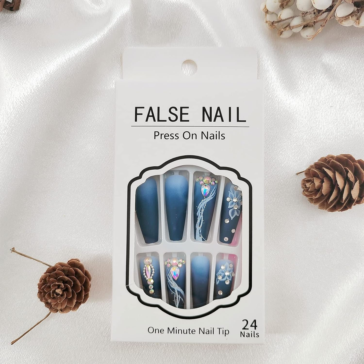 Blue Floral Rhinestone Long Coffin Press-On Nails Acrylic False Nails-Free Shipping