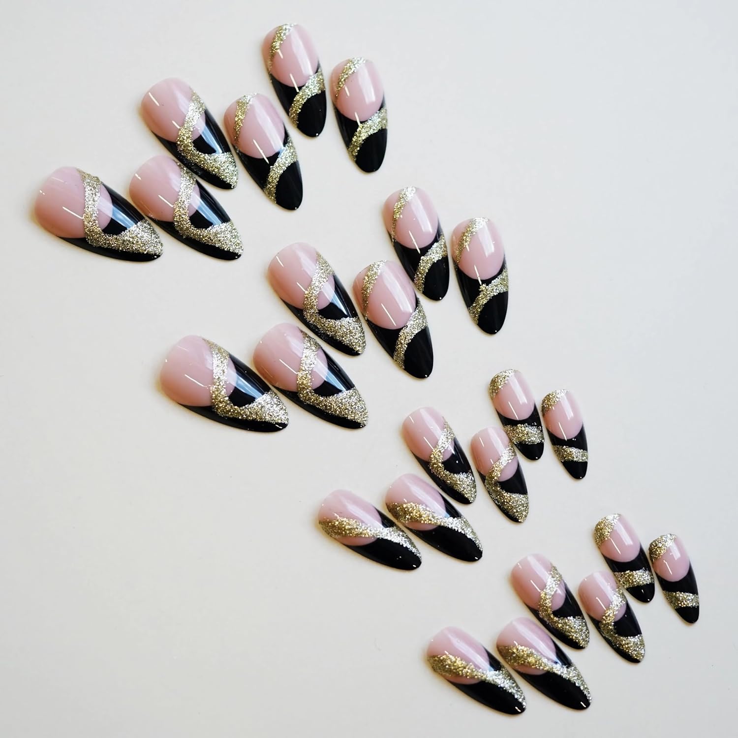 Elegant Black Gold Glitter Abstract French Tip Press-On Nails Acrylic False Nails - Free Shipping