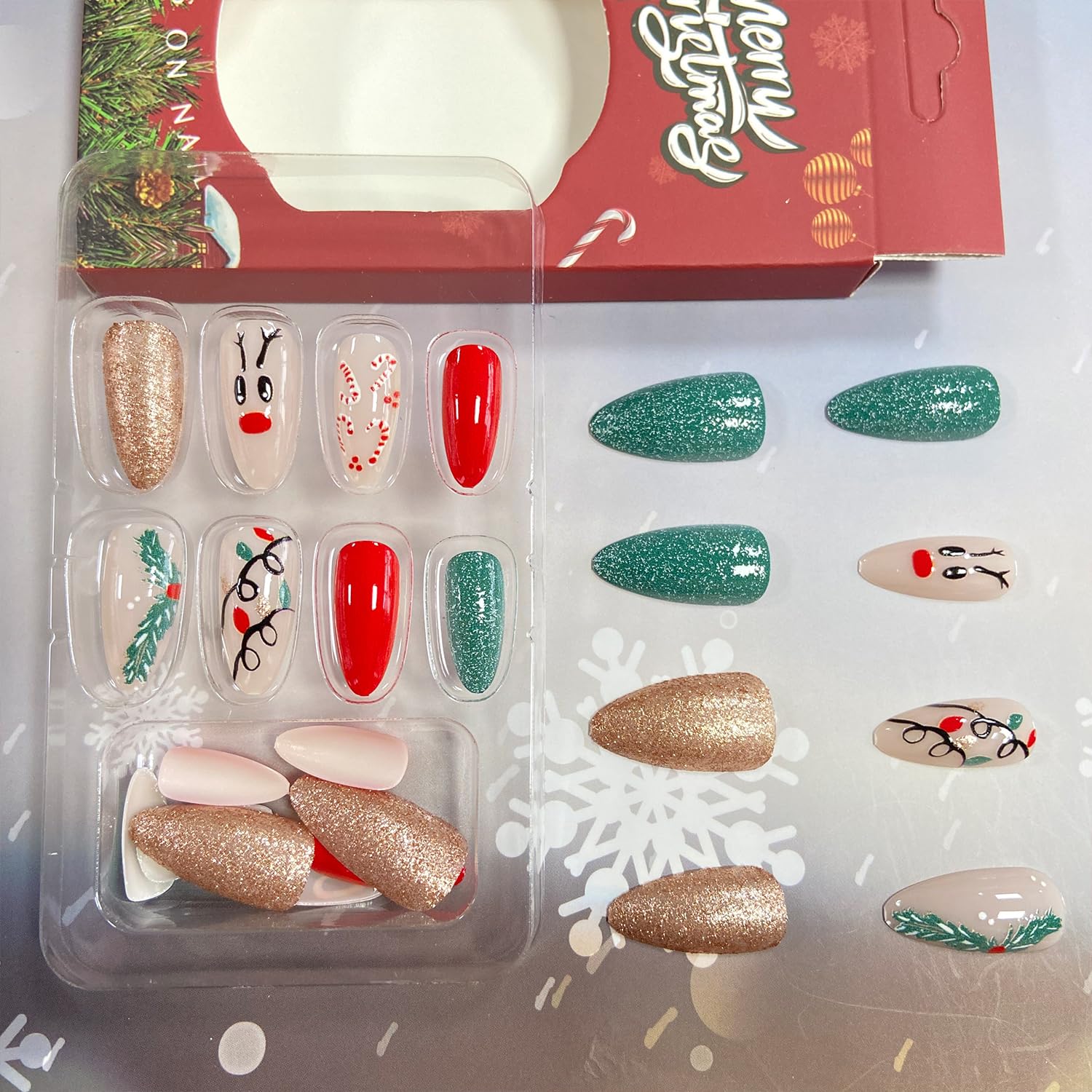 Red Nose Candy Cane Christmas Press-On Nails Medium Almond Acrylic Nails-Free Shipping