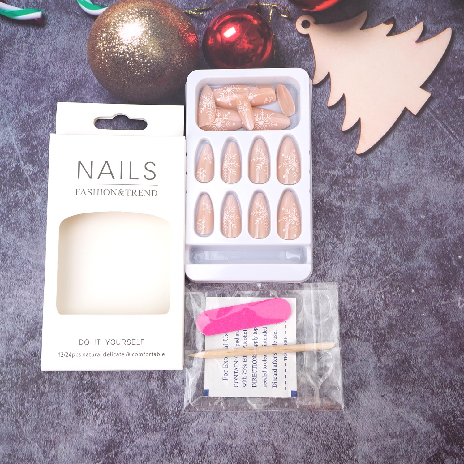 Elegant Snowflake Ombre Christmas Press-On Nails Medium Almond Acrylic Nails - Free Shipping