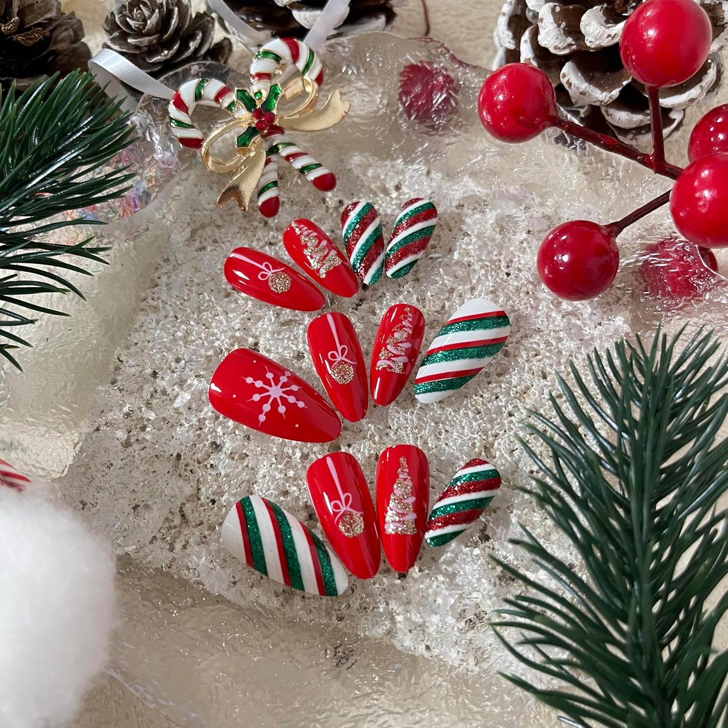 Christmas Snowflake Glitter Stripes Acrylic Press on Nails Fake Nails - Free Shipping