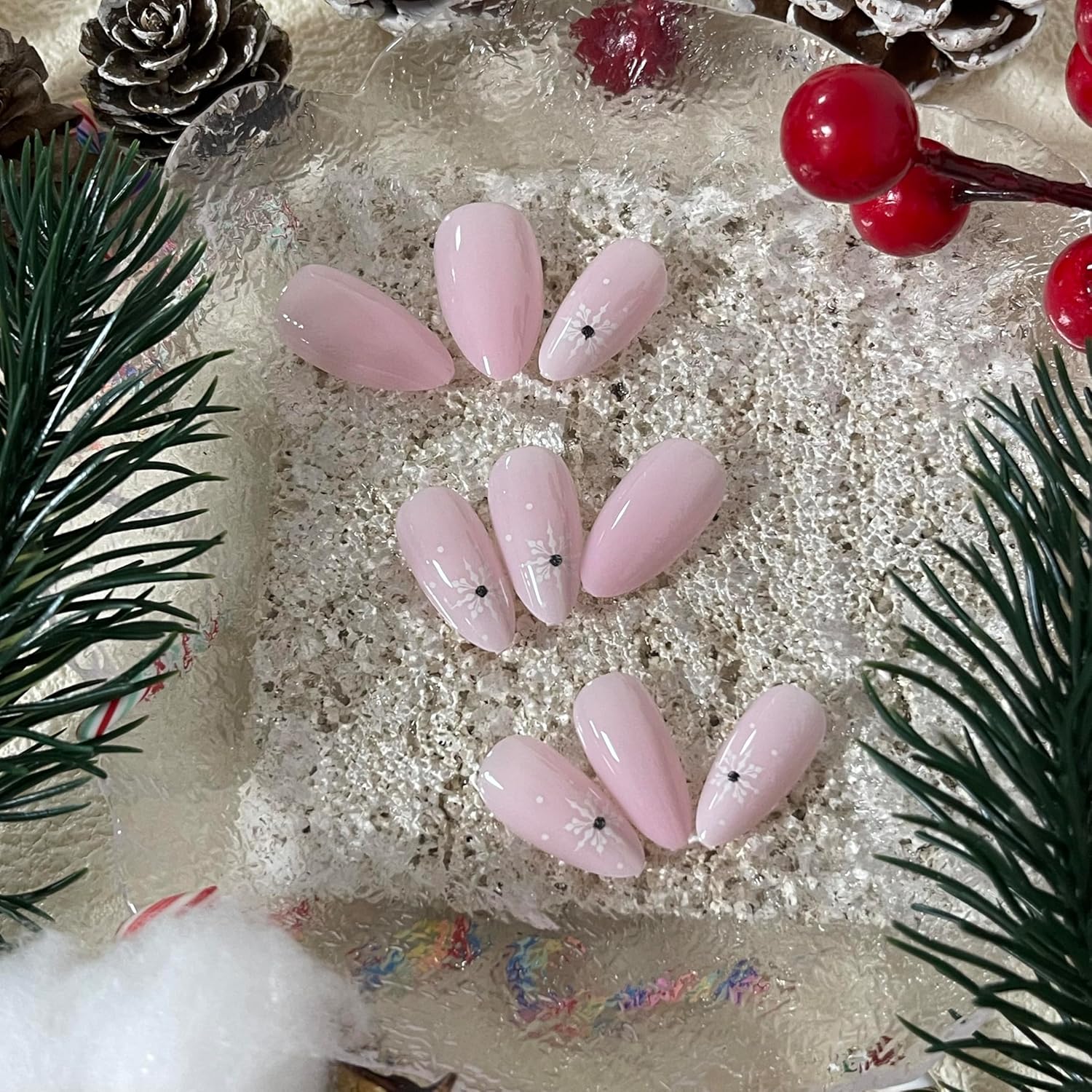 Pink Rhinestone Snowflake Christmas Almond Press-On Acrylic Nails - Free Shipping