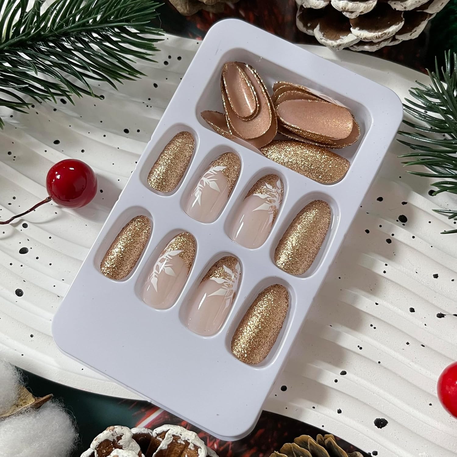 Snowflake Gold Glitter Press-On Nails Almond Shape Acrylic Fake Nails - Free Shipping