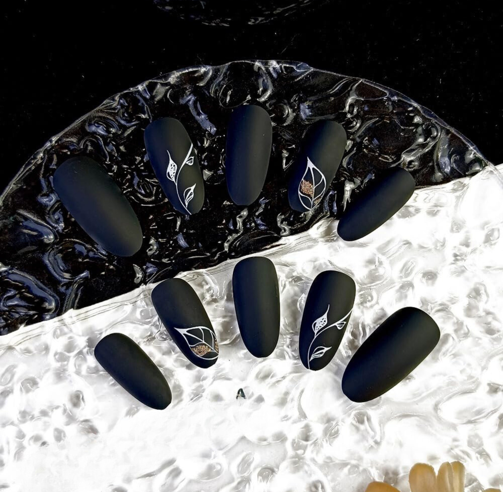 Black Matte Gold Leaf Almond Press-On Nails Acrylic False Nails-Free Shipping
