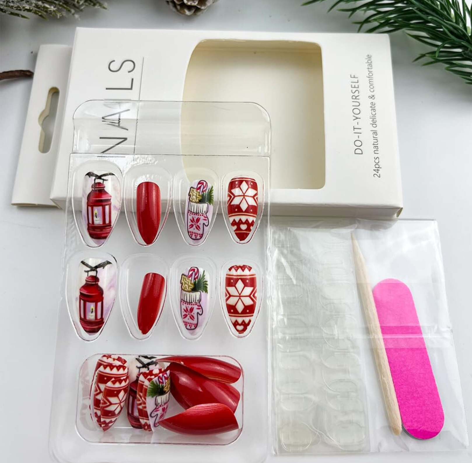 Holiday Red White Snowflake Glove Candle Light Christmas Press-On Nails Acrylic False Nails-Free Shipping