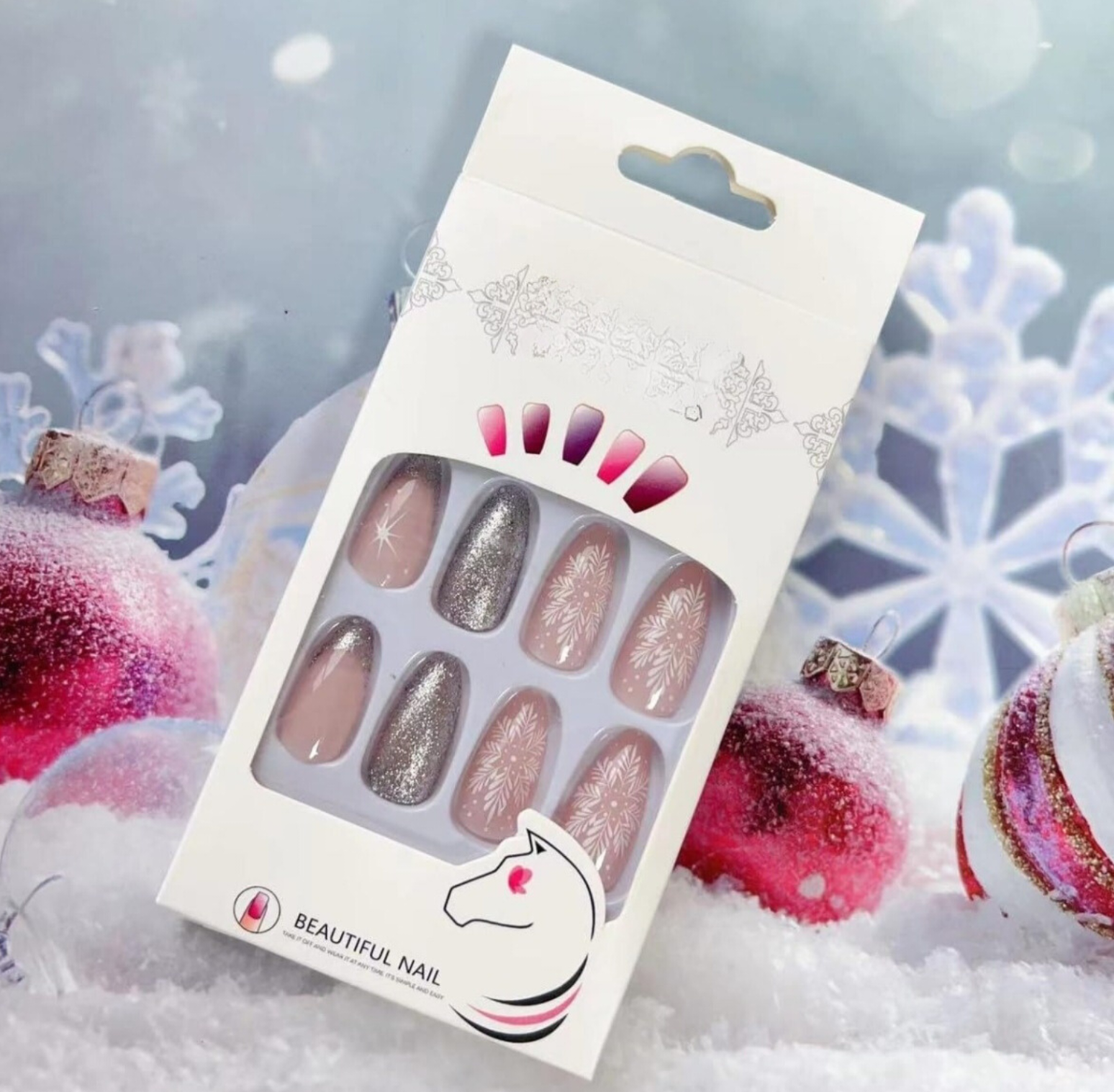 Winter Silver Glitter Snowflake French Christmas Press-On Nails Acrylic False Nails - Free Shipping