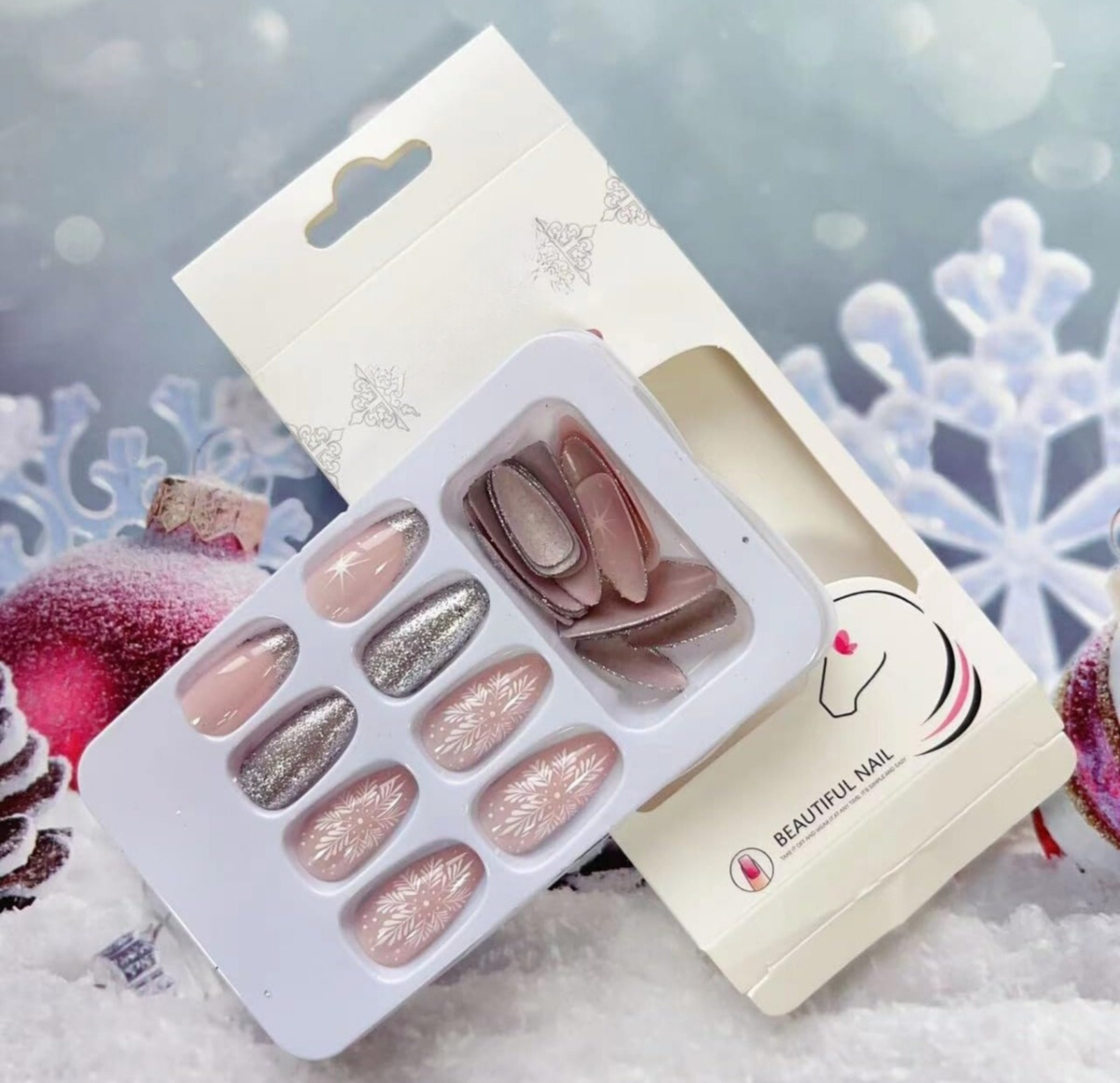Winter Silver Glitter Snowflake French Christmas Press-On Nails Acrylic False Nails - Free Shipping