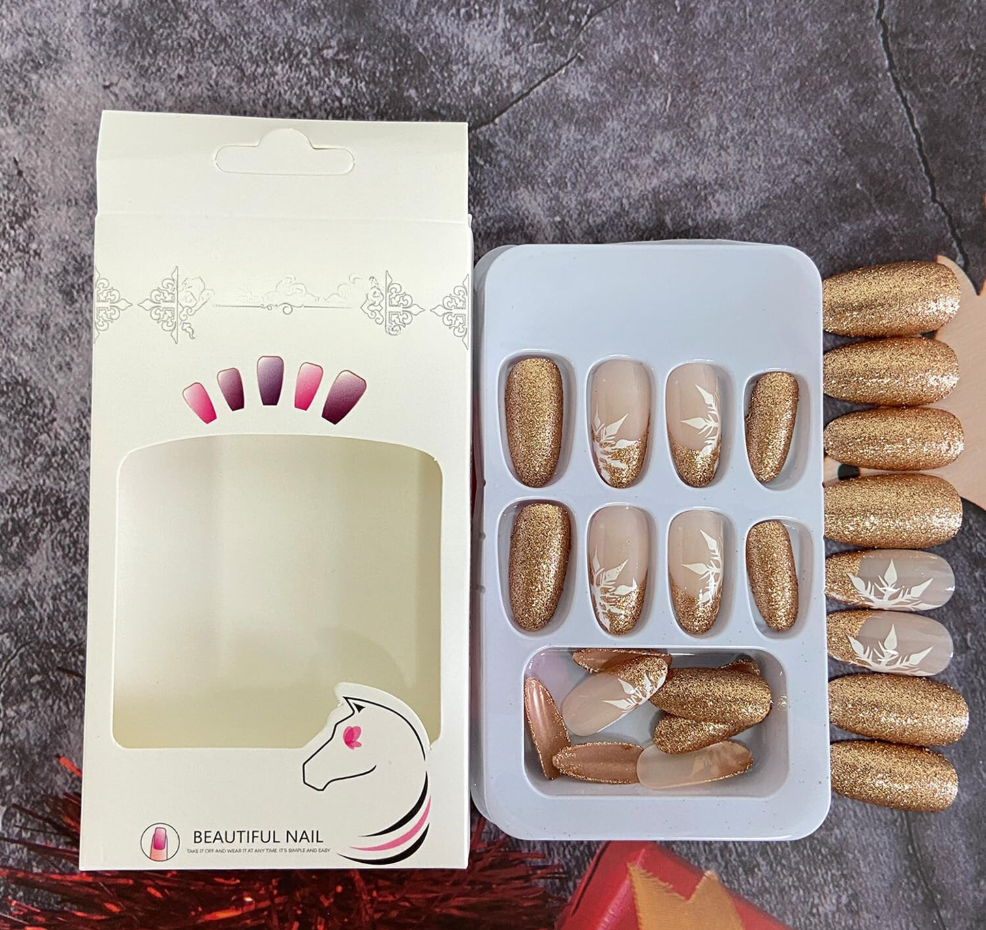 Snowflake Gold Glitter Press-On Nails Almond Shape Acrylic Fake Nails - Free Shipping