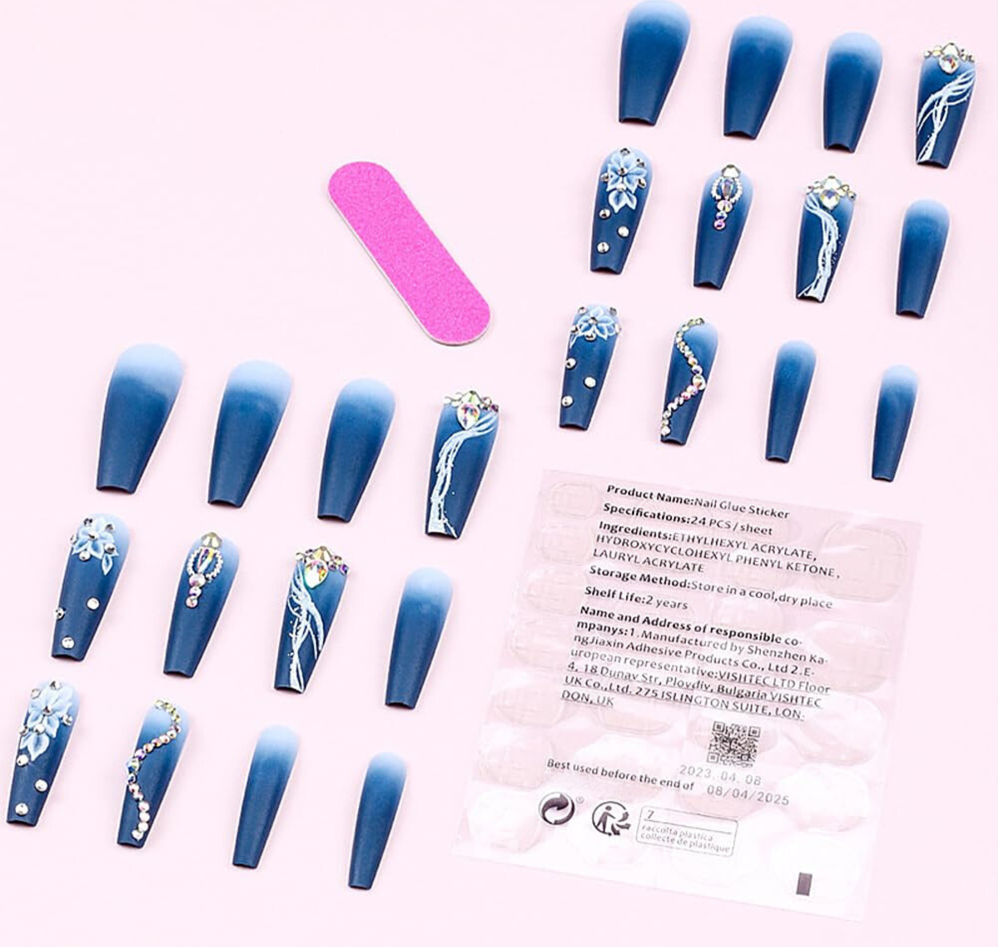 Blue Floral Rhinestone Long Coffin Press-On Nails Acrylic False Nails-Free Shipping