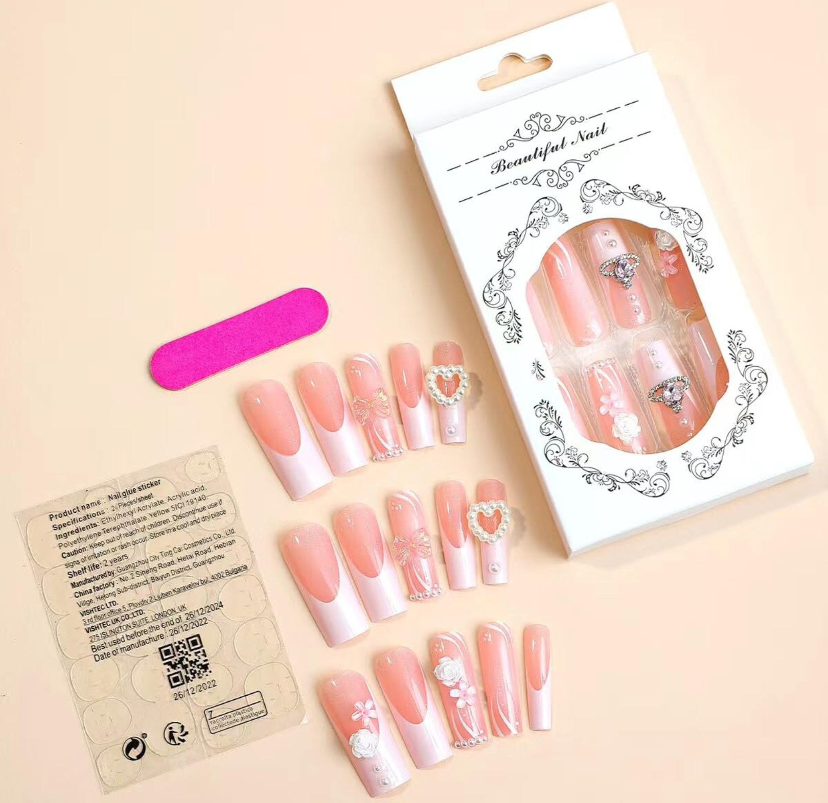 3D Pearl Flower Rhinestone Bow Long Coffin Press-On Nails French Tip Acrylic Nails-Free Shipping