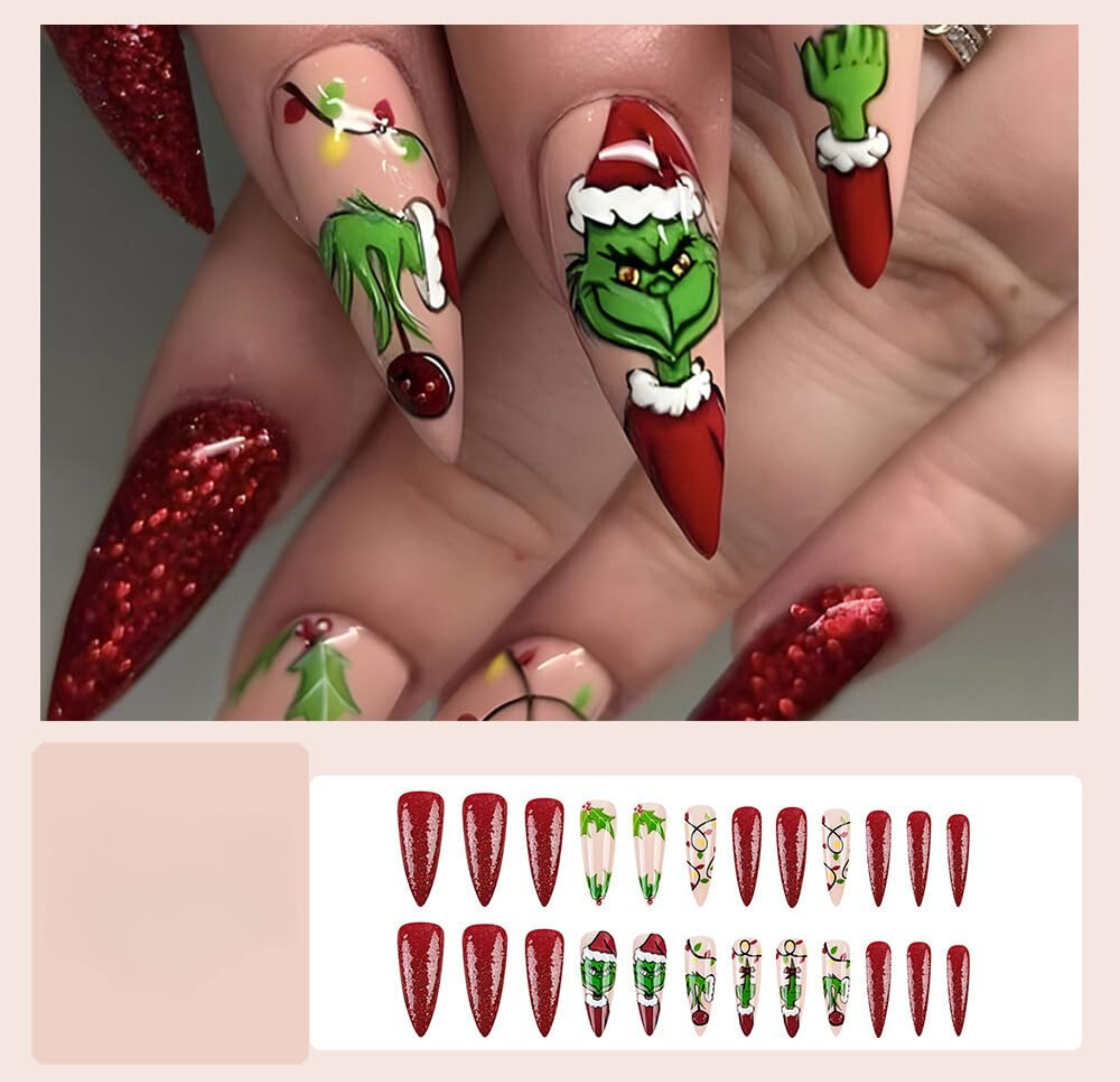 Red Glitter Grinch Christmas Press-On Stiletto Nails Acrylic Holiday Nails - Free Shipping