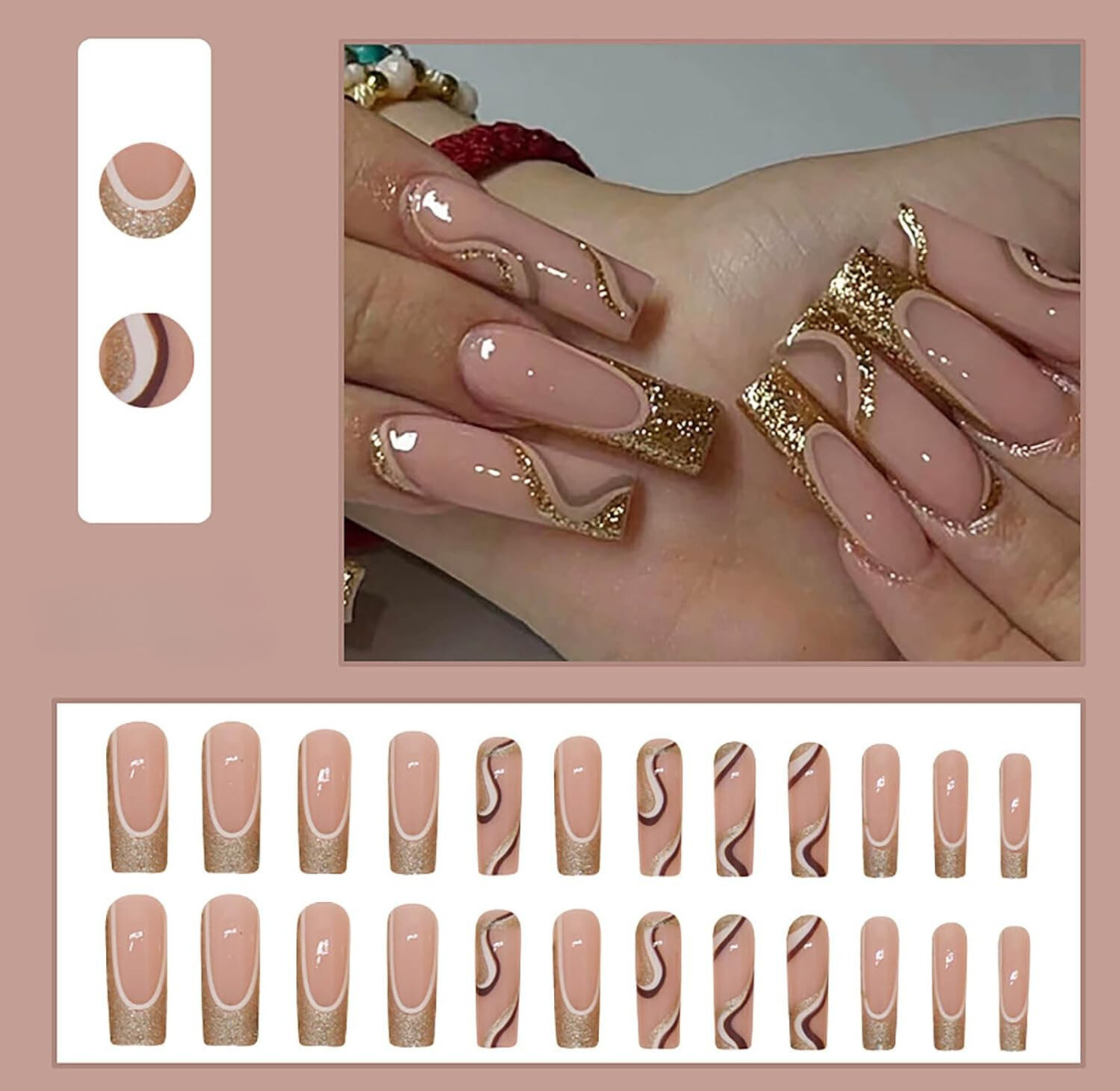 Abstract Glitter Gold Long Coffin Press-On Nails Acrylic False Nails-Free Shipping