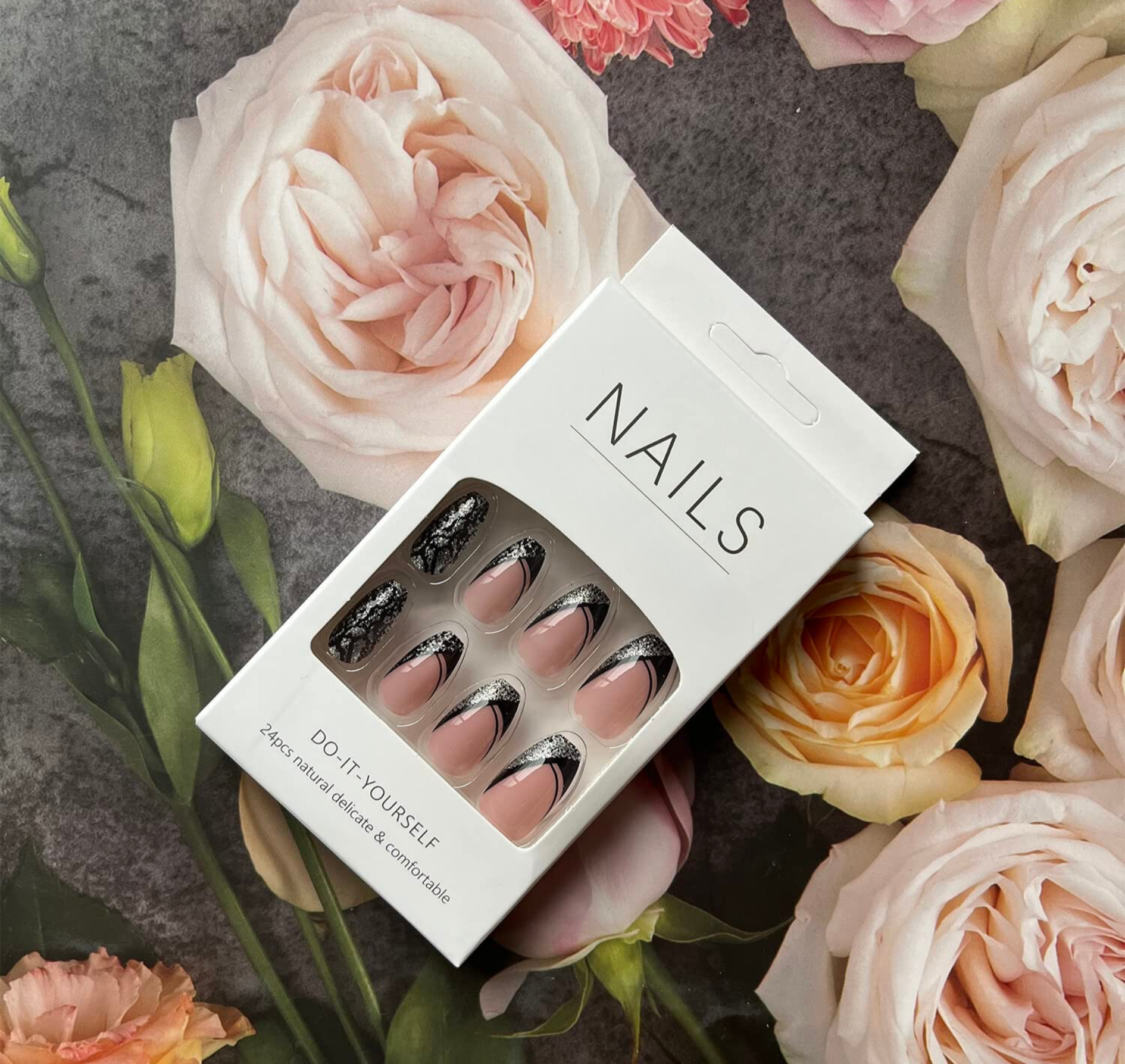 Silver Black Coffin Press-On Nails Glitter Acrylic Fake Nails - Free Shipping