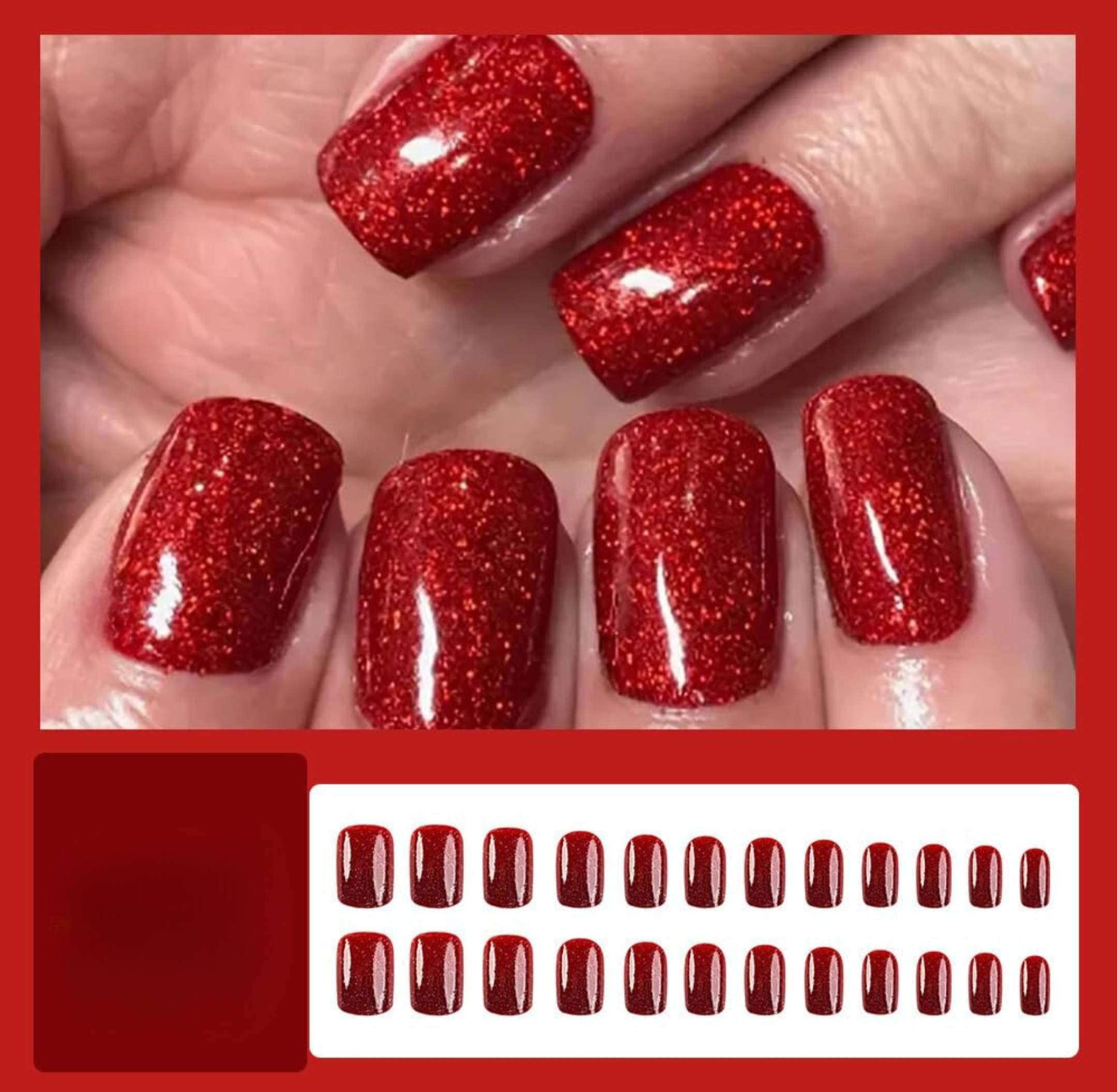 Glossy Red Square Press-On Nails Full Cover Glitter Acrylic False Nails - Free Shipping